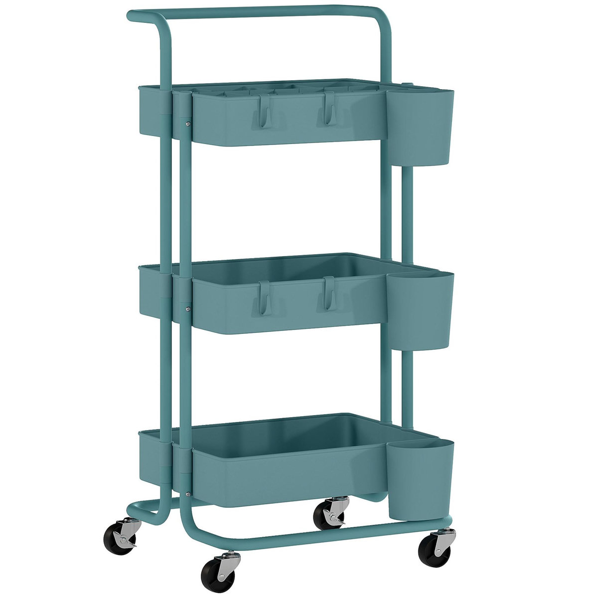 HOMCOM Desserte de cuisine - 3 étagères avec rebords - 4 crochets, 3 pots suspendus - acier ABS