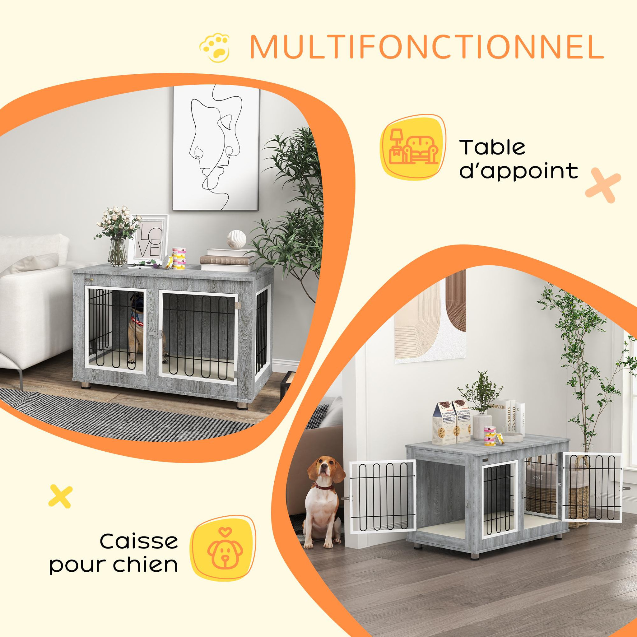 Voir la diapositive 5 : PAWHUT Cage pour chien sur pied - 2 portes verrouillables, coussin déhoussable inclus - acier filaire noir panneaux aspect bois gris