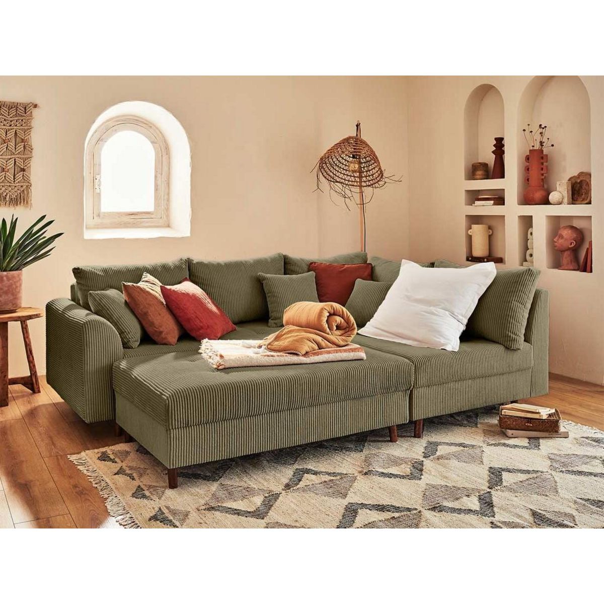 LISA DESIGN Rune - canapé d'angle droit - 4 places - avec pouf d'appoint - en velours côtelé