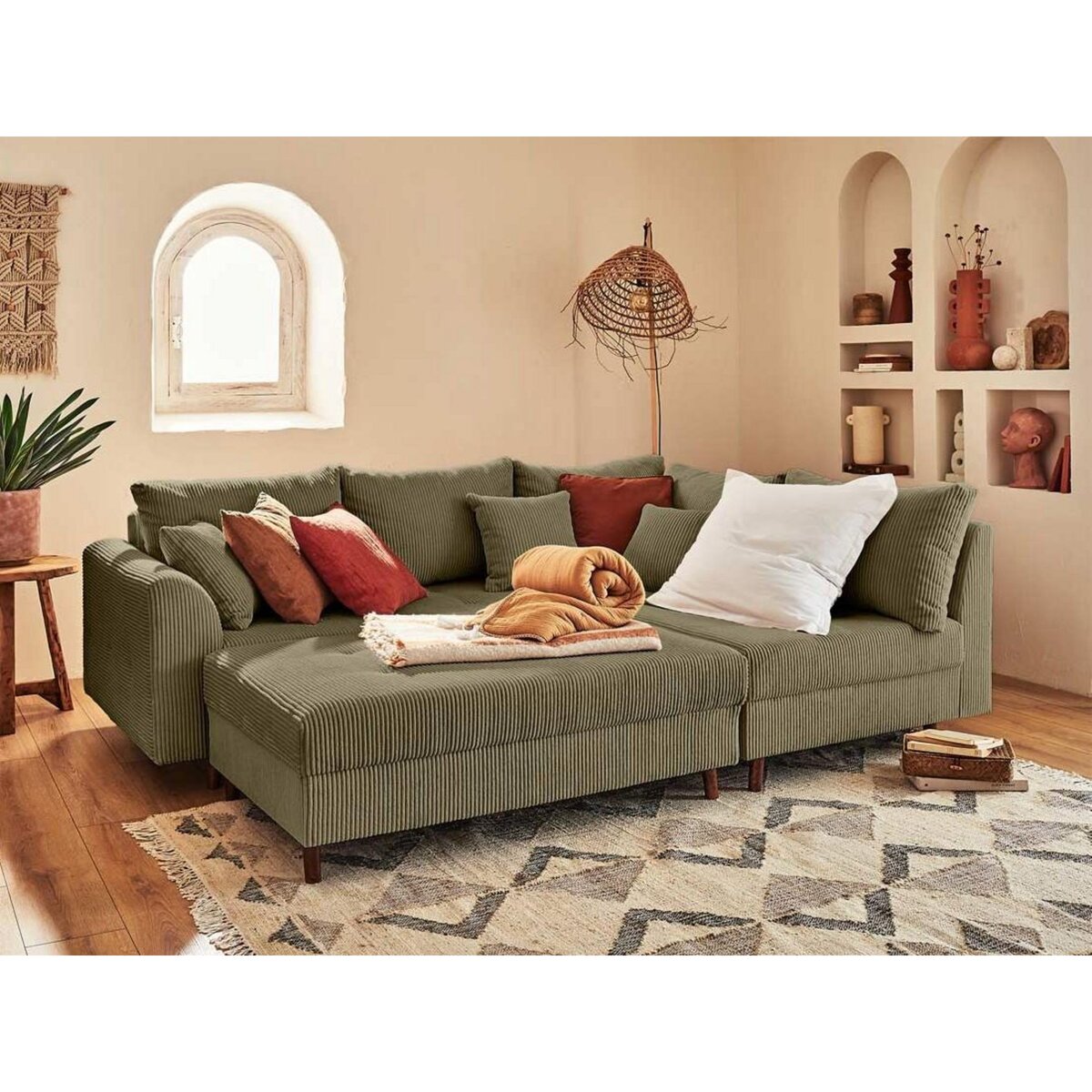 LISA DESIGN Rune - canapé d'angle droit - 4 places - avec pouf d'appoint - en velours côtelé