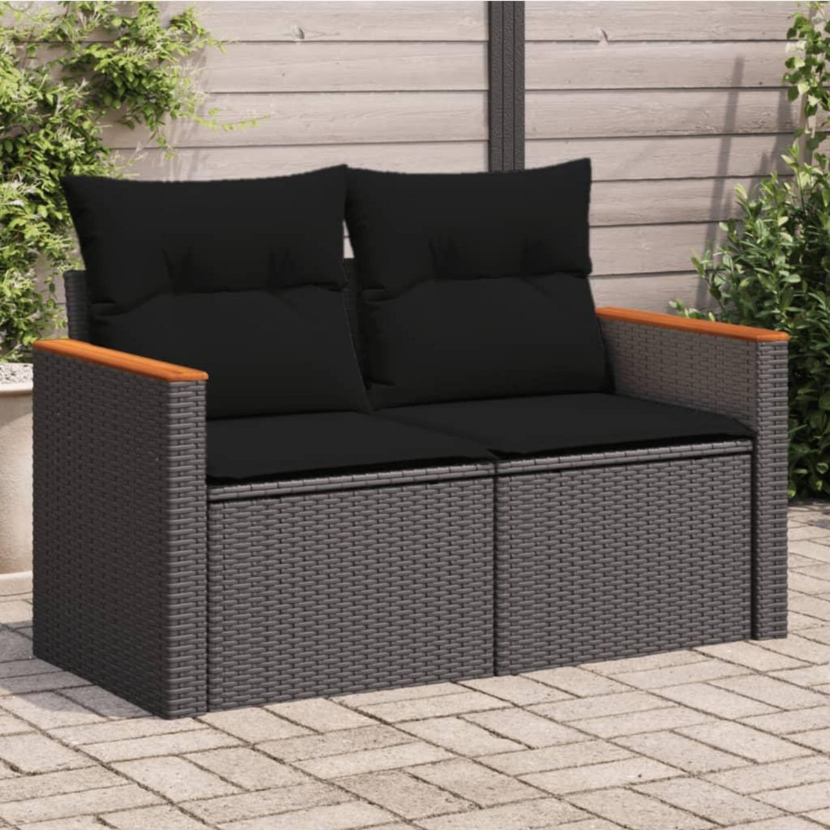 VIDAXL Canape de jardin avec coussins 2 places noir resine tressee