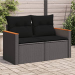 VIDAXL Canape de jardin avec coussins 2 places noir resine tressee