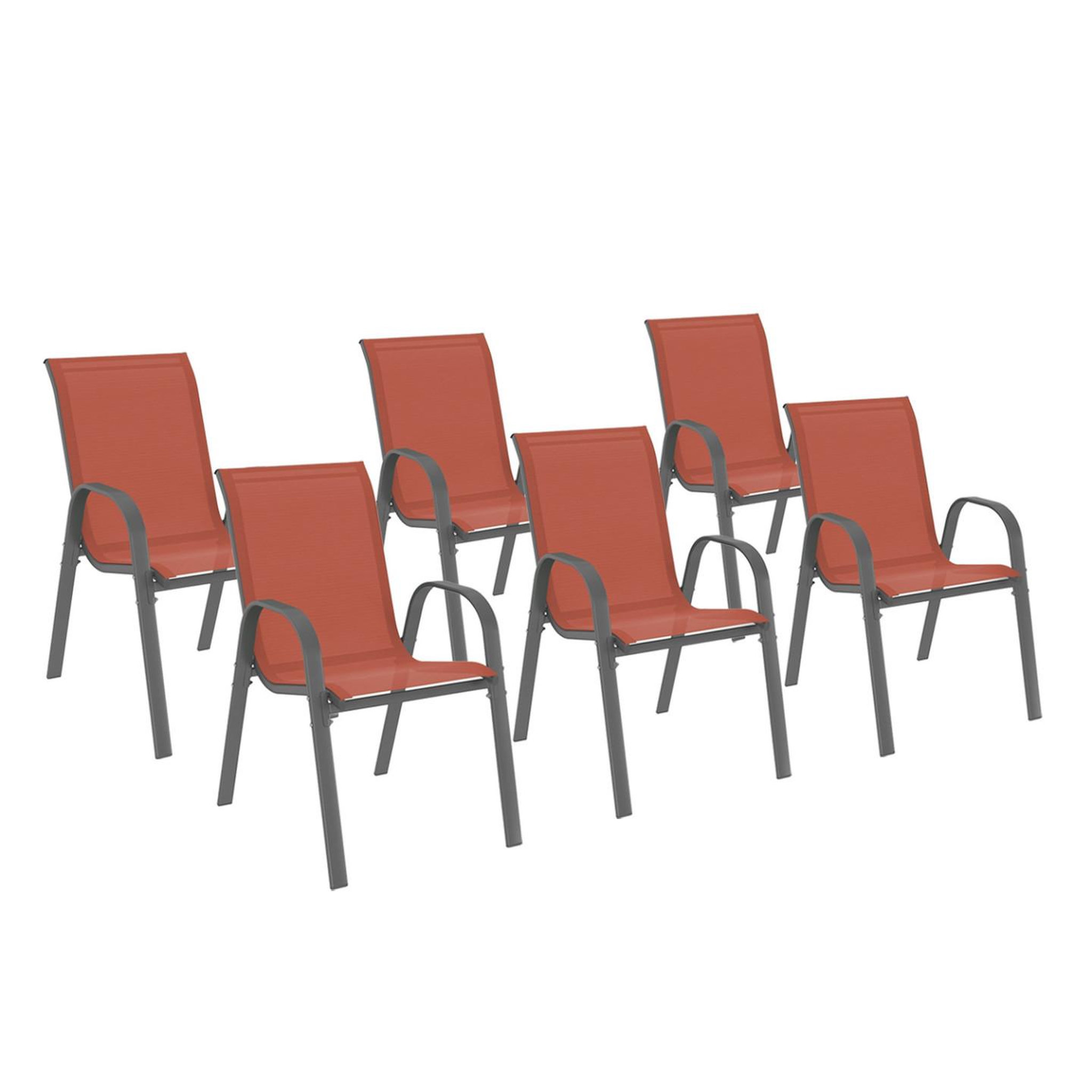 ID MARKET Lot de 6 chaises de jardin lyma métal et textilène empilables terracotta et gris
