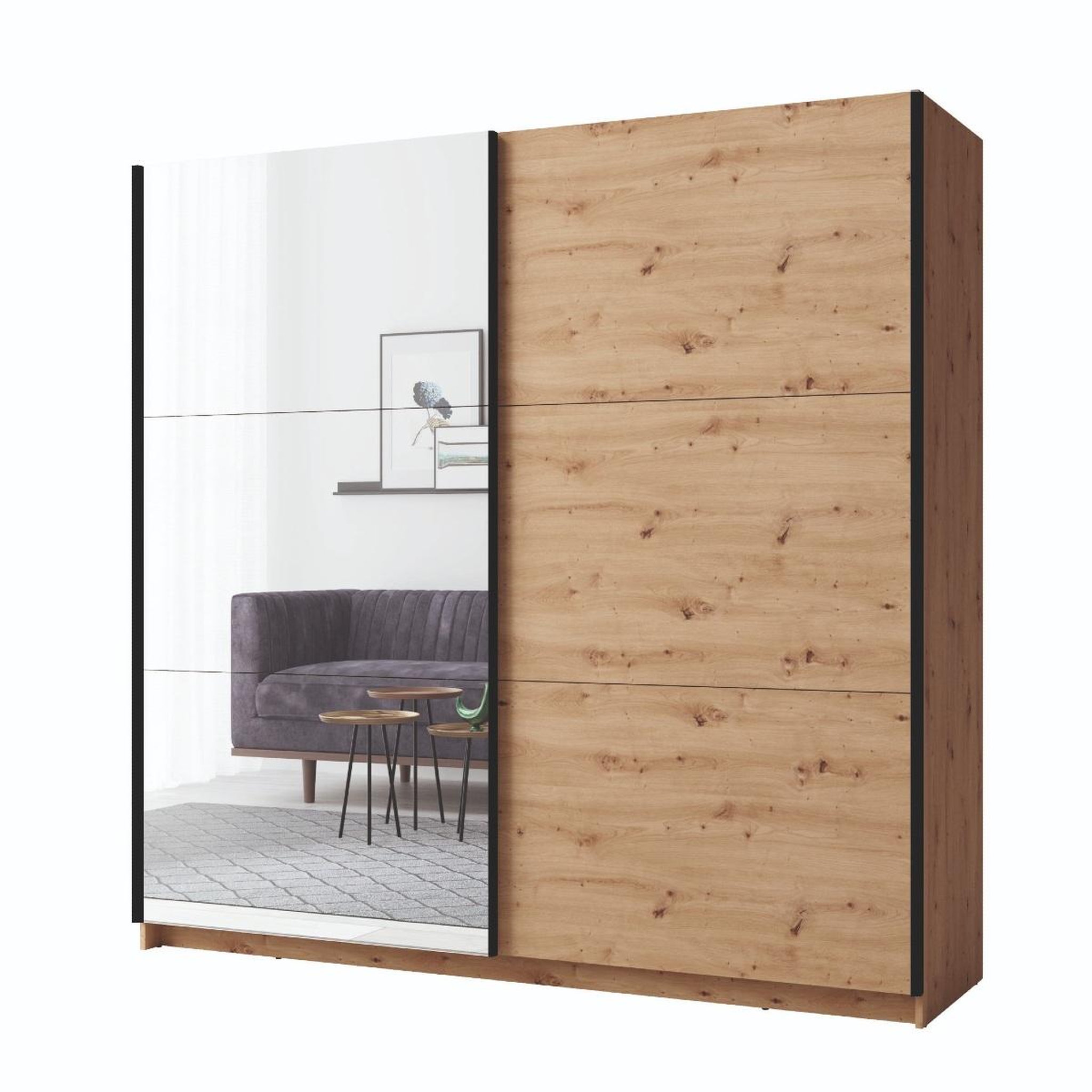 JLC KREATION Armoire coulissante bois avec miroir 200cm kassy