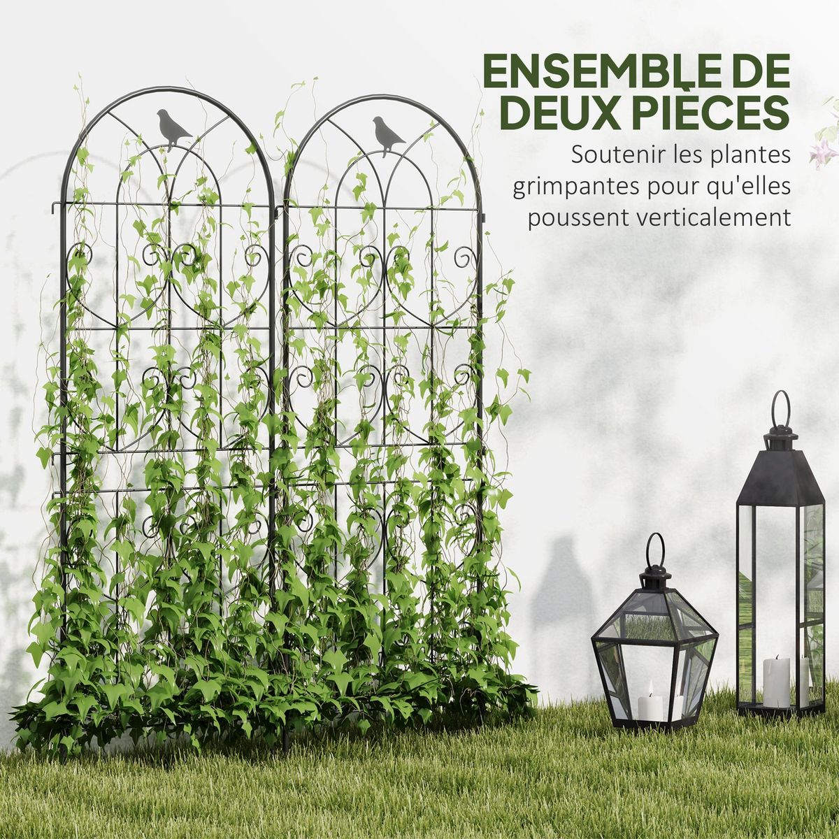 OUTSUNNY Treillis de jardin effet fer forgé oiseau - 2 supports plantes grimpantes - 50 x 150 cm - métal époxy noir