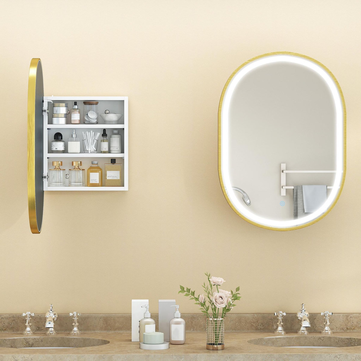 HOMCOM Armoire miroir LED réglable salle de bain design ovale alu brossé doré 2 étagères