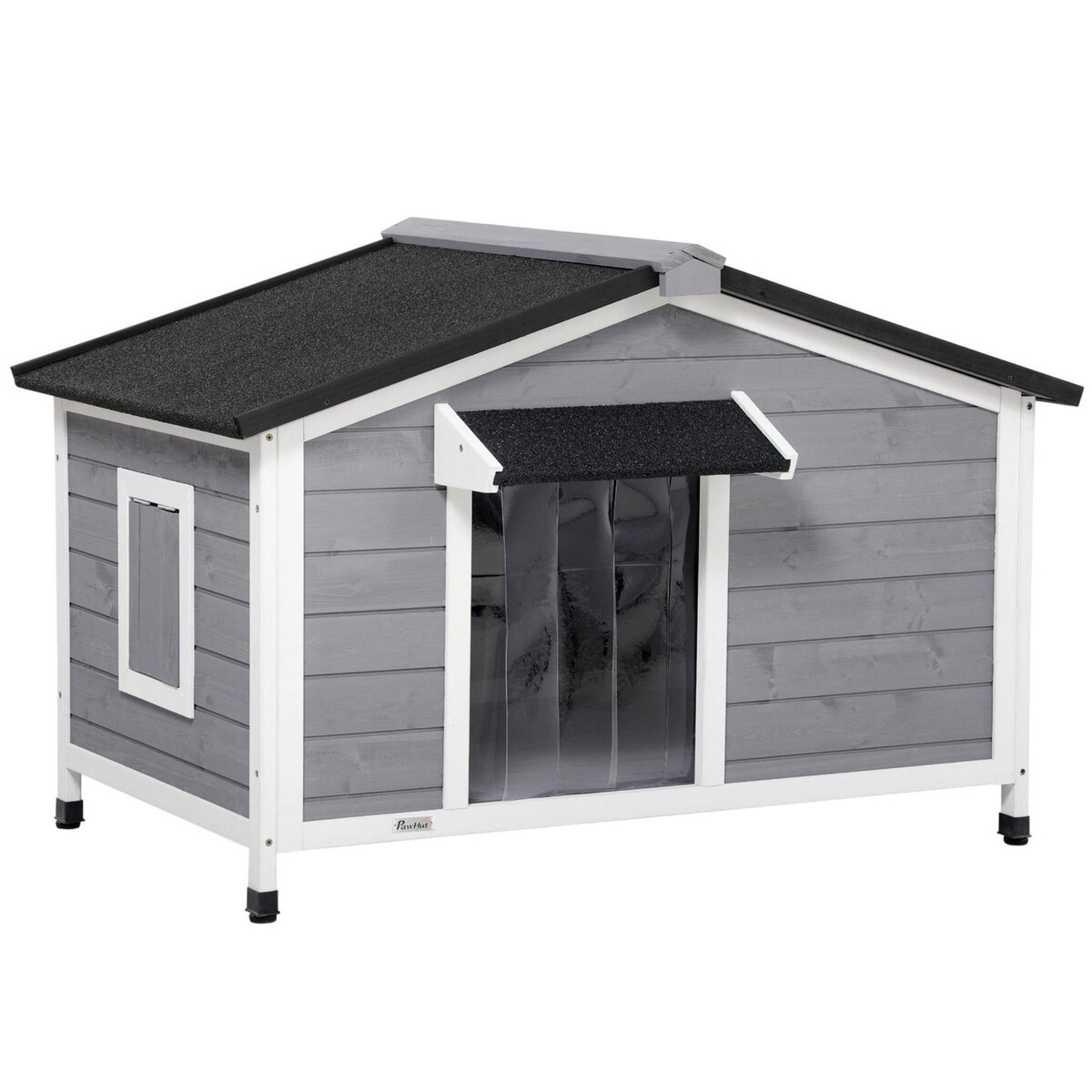 PAWHUT Niche chien style cottage - 2 fenêtres, porte, toit ouvrant bitumé - bois sapin gris
