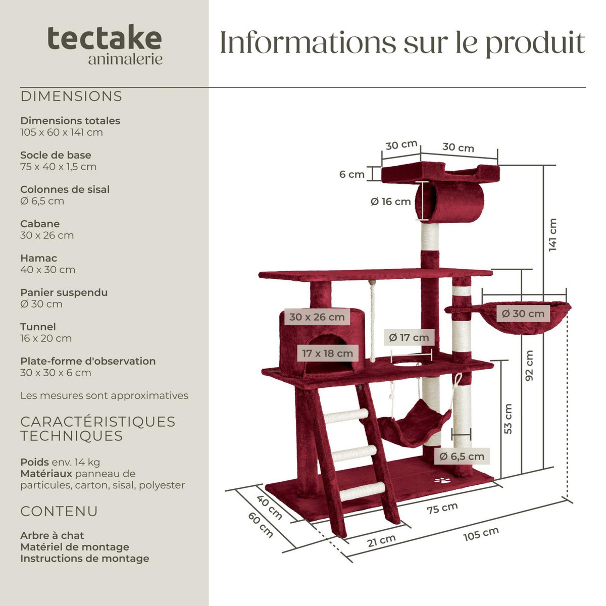 tectake Arbre à chat 141 cm avec griffoir et plateforme d'escalade rouge bordeaux