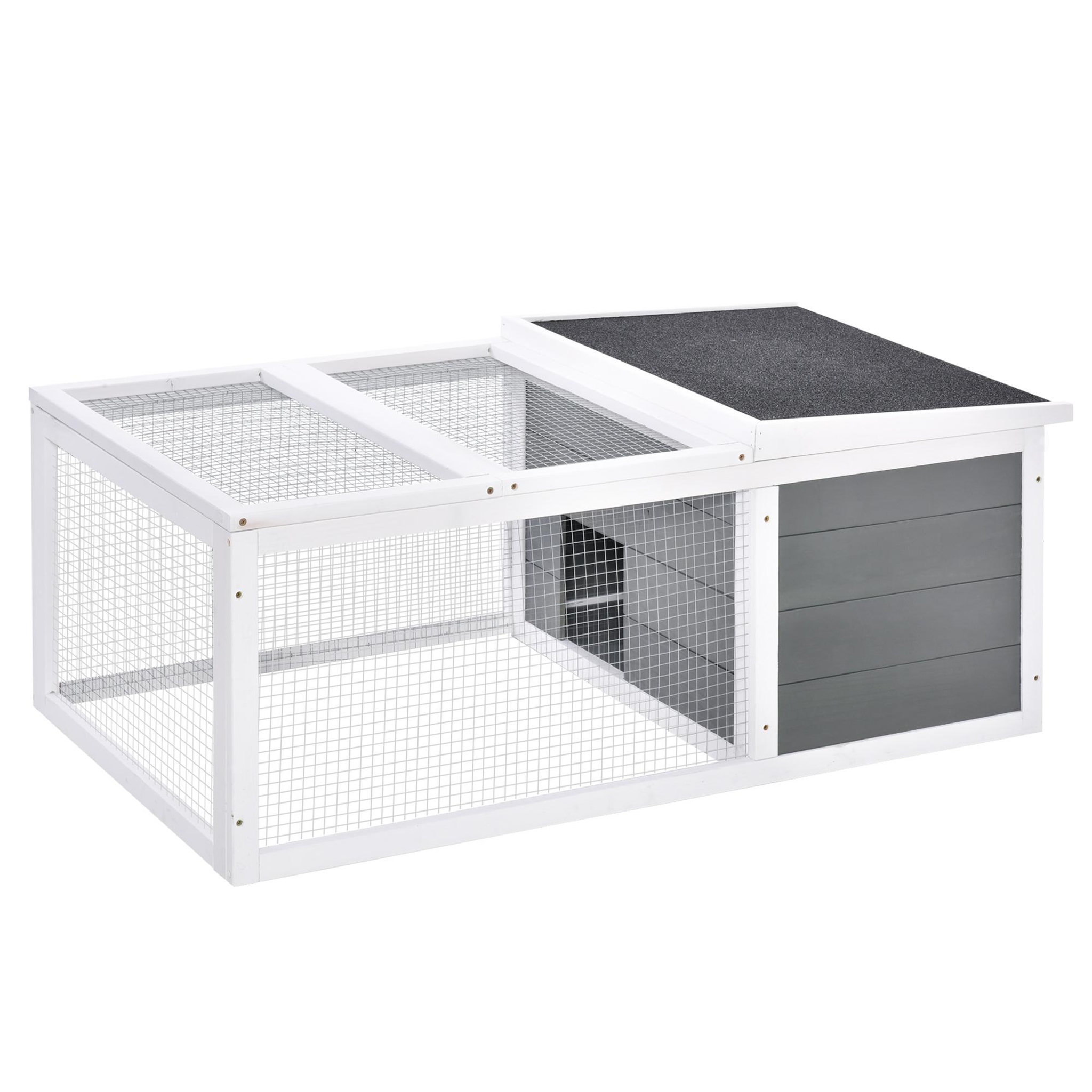 PAWHUT Clapier de sol enclos extérieur niche porte double toit ouvrant fil métallique bois sapin pré-huilé peint gris blanc