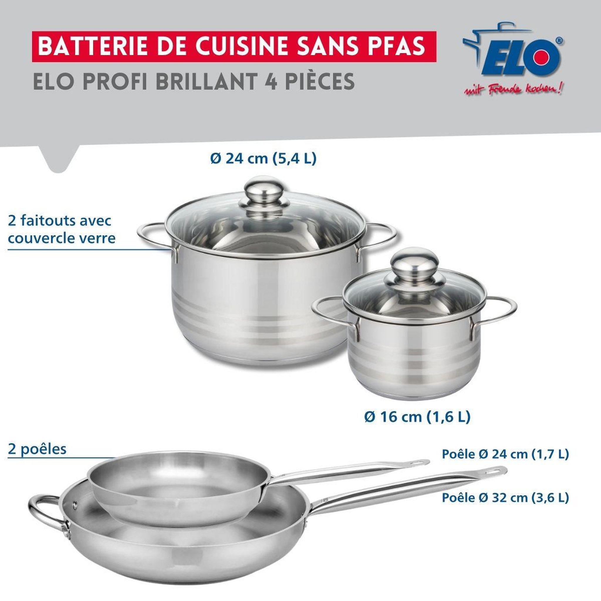 Voir la diapositive 2 : ELO Ensemble de 2 poêles de cuisson 24 et 32 cm et 2 faitouts 16 et 24 cm elo profi brillant