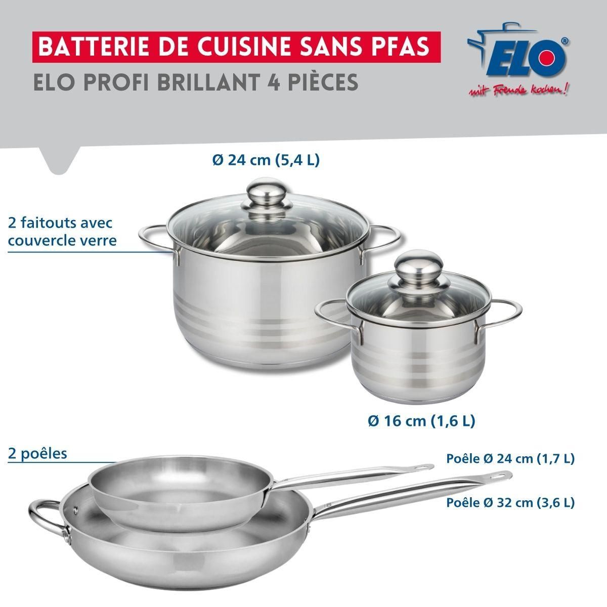 ELO Ensemble de 2 Poêles de cuisson 24 et 32 cm et 2 faitouts 16 et 24 cm Elo Profi Brillant