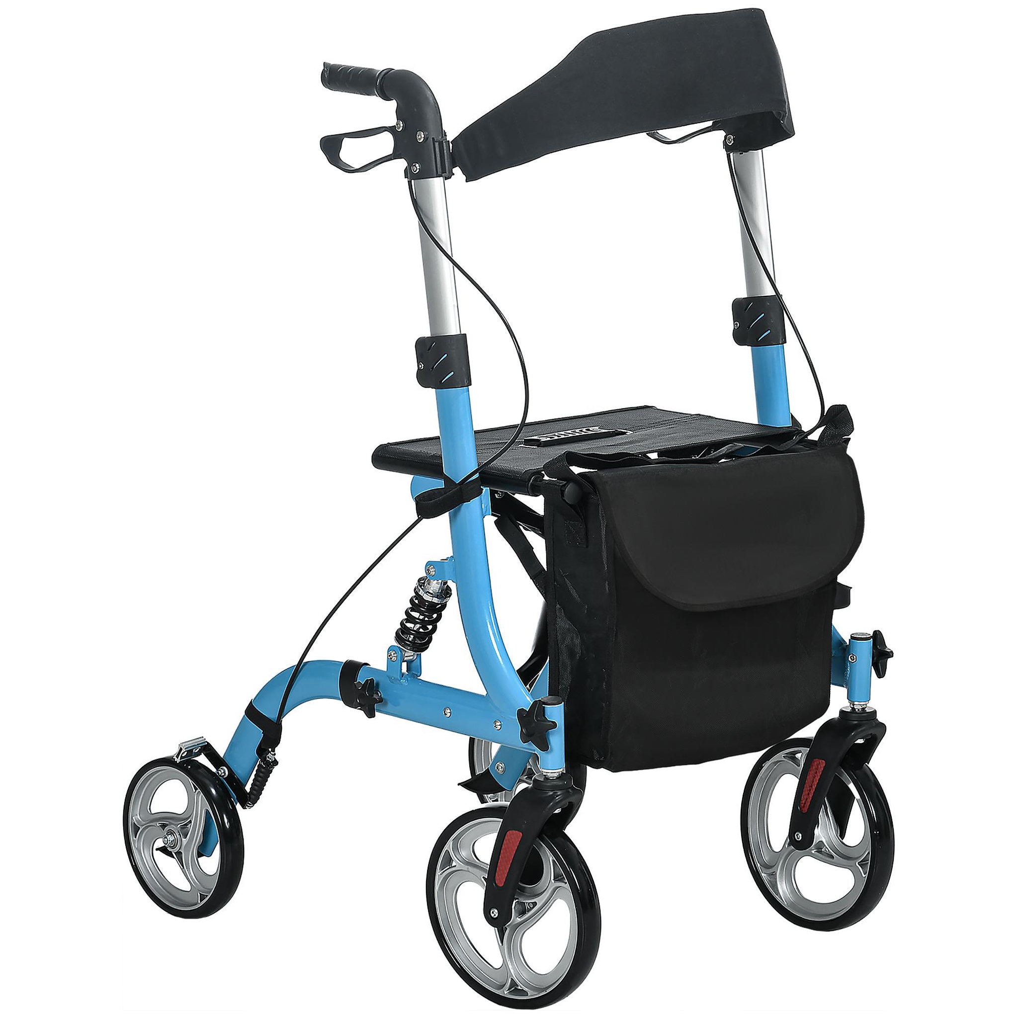 Voir la diapositive 1 : HOMCOM Déambulateur 4 roues - pliable, léger - assise, dossier, hauteur poignées réglable, freins à main - sacoche rangement - alu. bleu noir