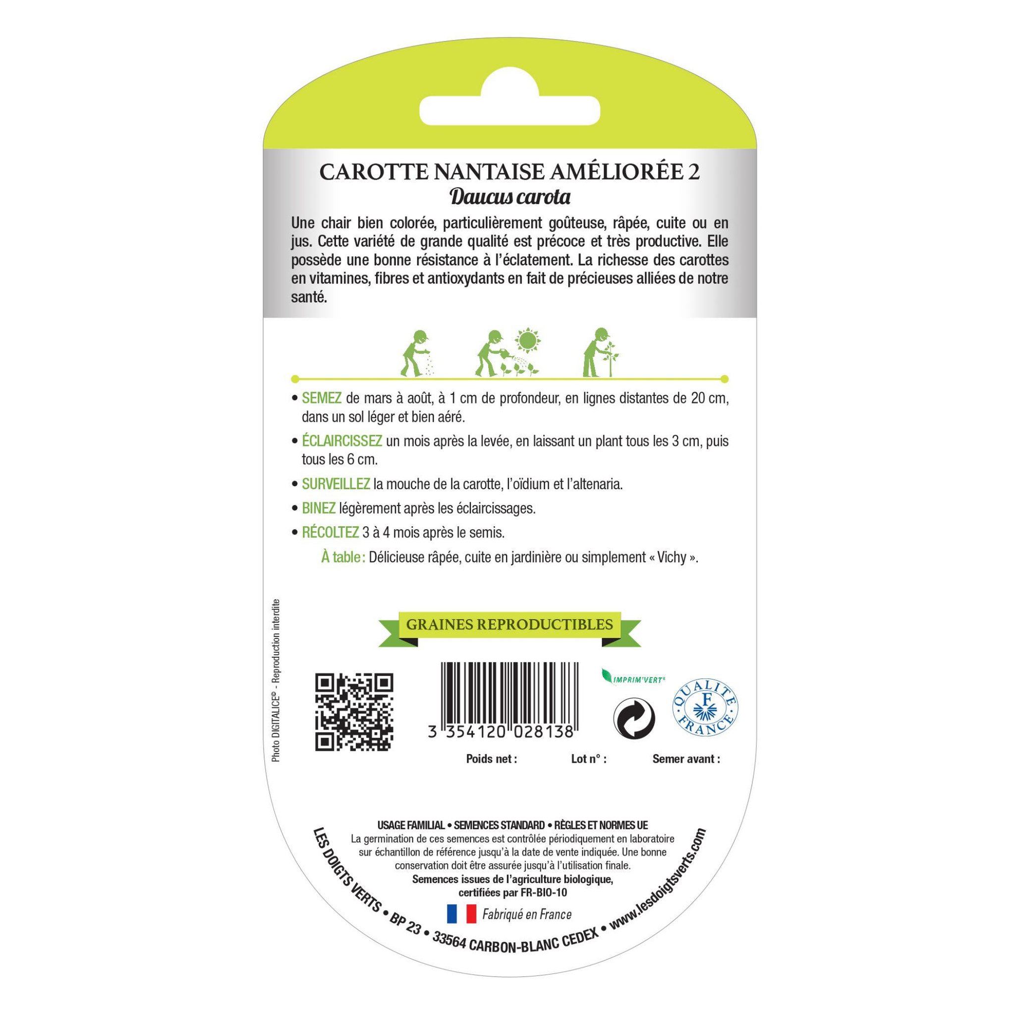 LES DOIGTS VERTS Graines Carotte nantaise améliorée 2 BIO Les Doigts Verts