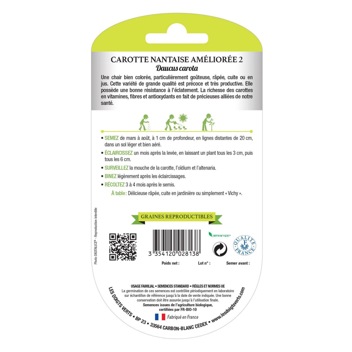 LES DOIGTS VERTS Graines Carotte nantaise améliorée 2 BIO Les Doigts Verts