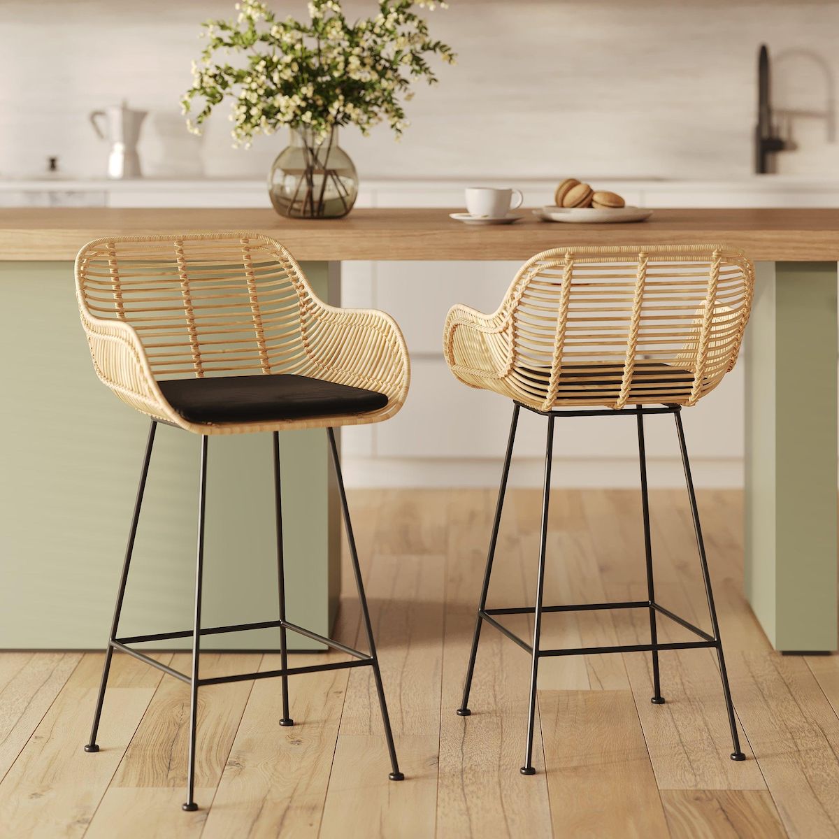 Rendez vous déco Lot de 2 chaises pour îlot central 66 cm en rotin et tissu noir-Pops