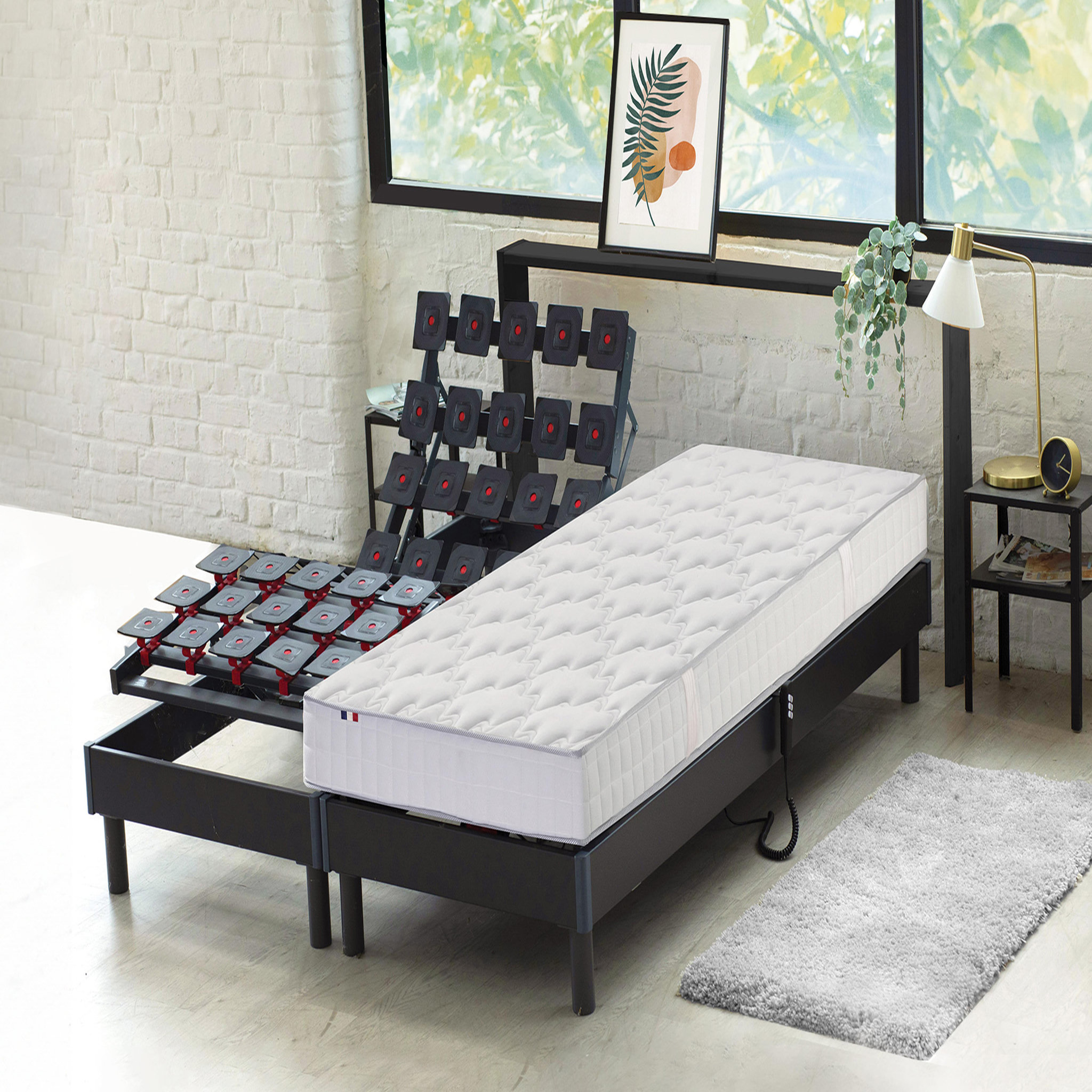 Voir la diapositive 1 : Ensemble TPR tous plots réglables + Matelas Mousse 2x90x200 cm MEMORYLUX