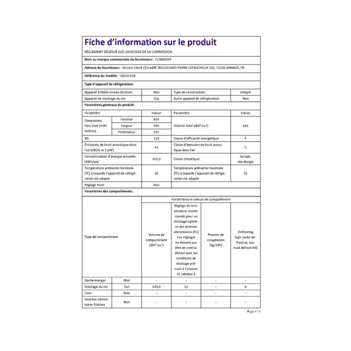 Climadiff Cave à vin de service encastrable 51 bouteilles - CBU51S2B