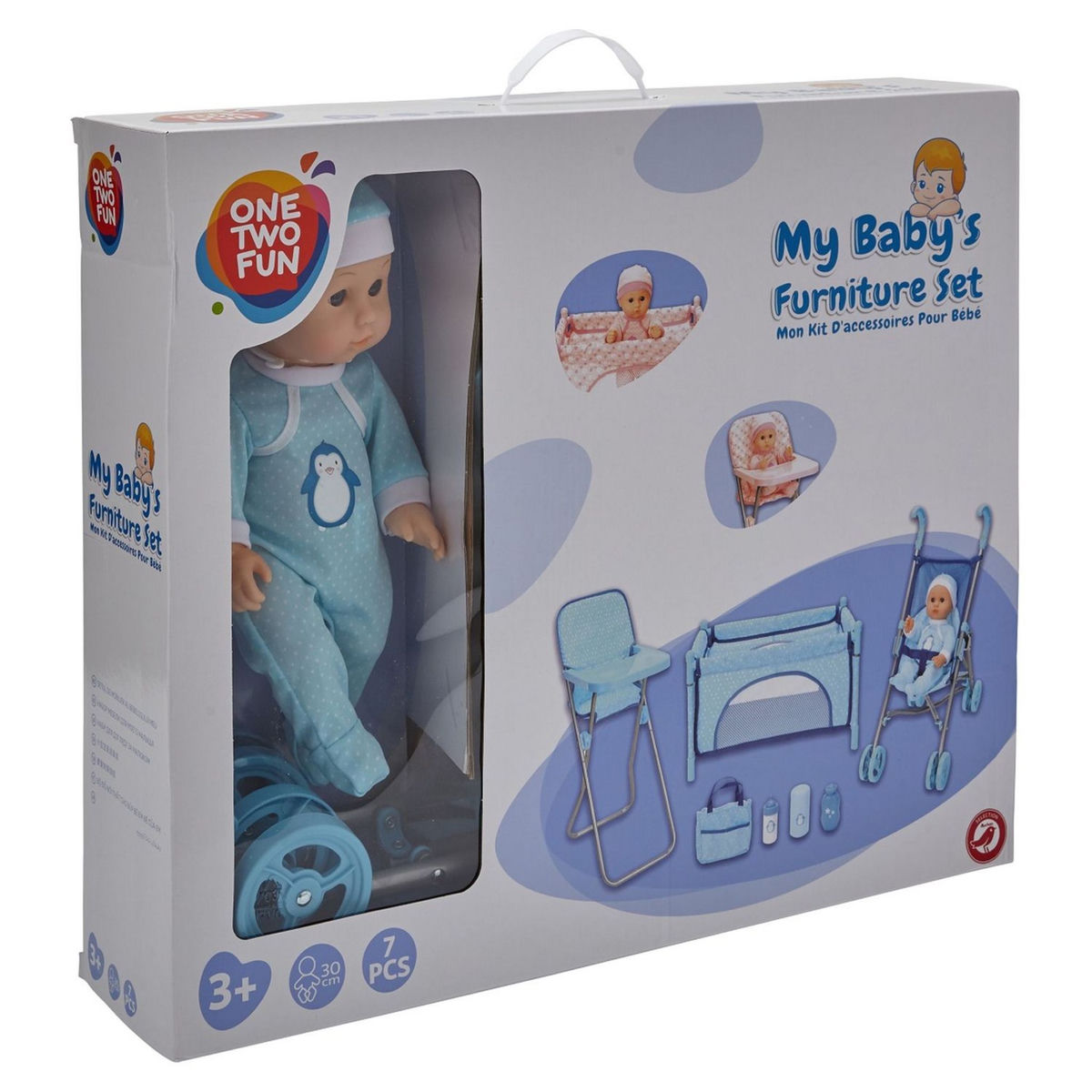One Two Fun Mon kit d'accessoires pour bébé avec poupon 30 cm - bleu