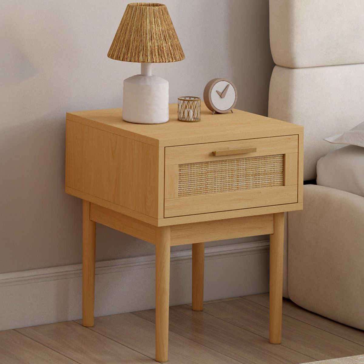 ID MARKET Lot de 2 tables de chevet ROBERT 1 tiroir effet naturel cannage et bois