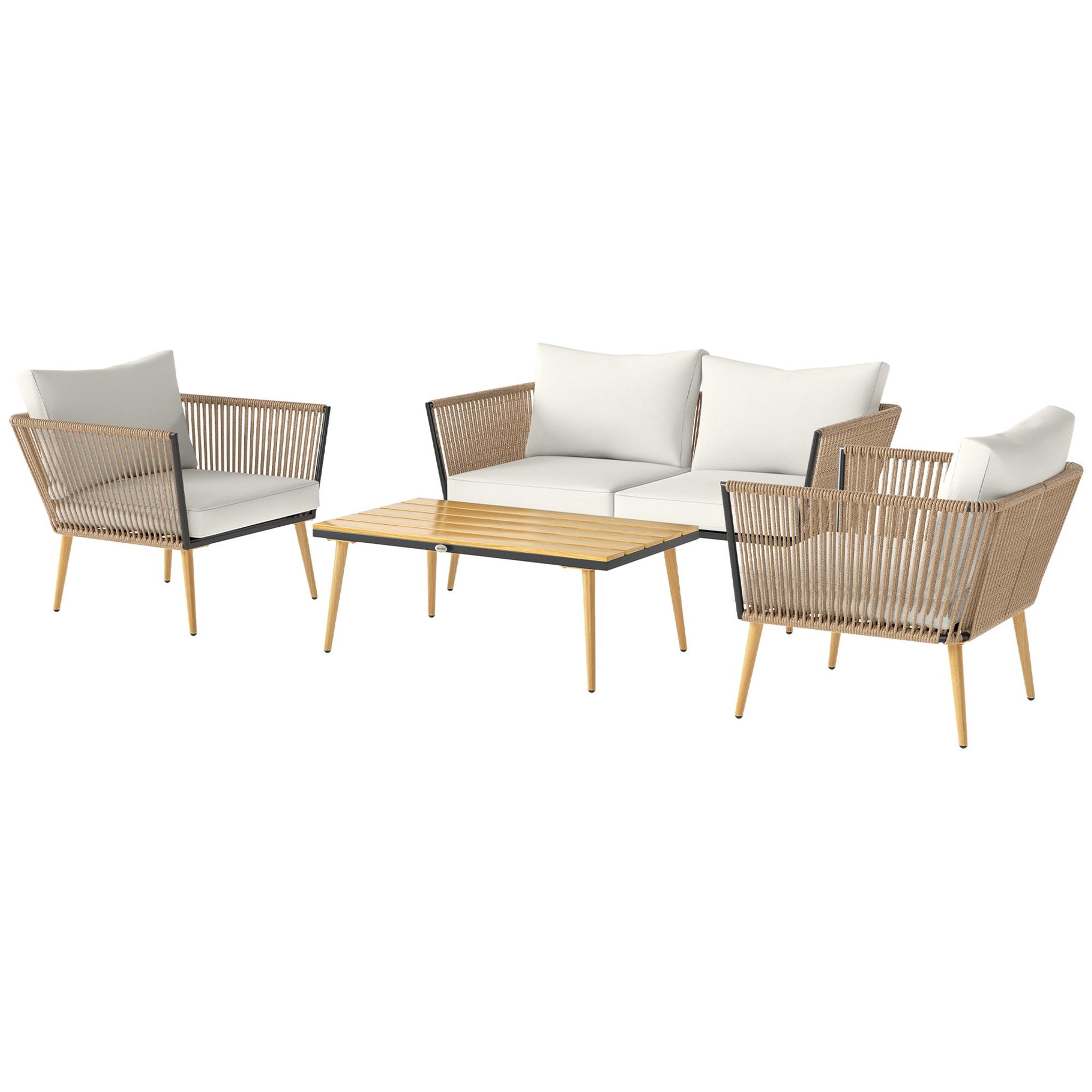 Voir la diapositive 1 : OUTSUNNY Salon de jardin 4 places 4 pièces design scandinave acier époxy résine filaire pe coussins inclus crème