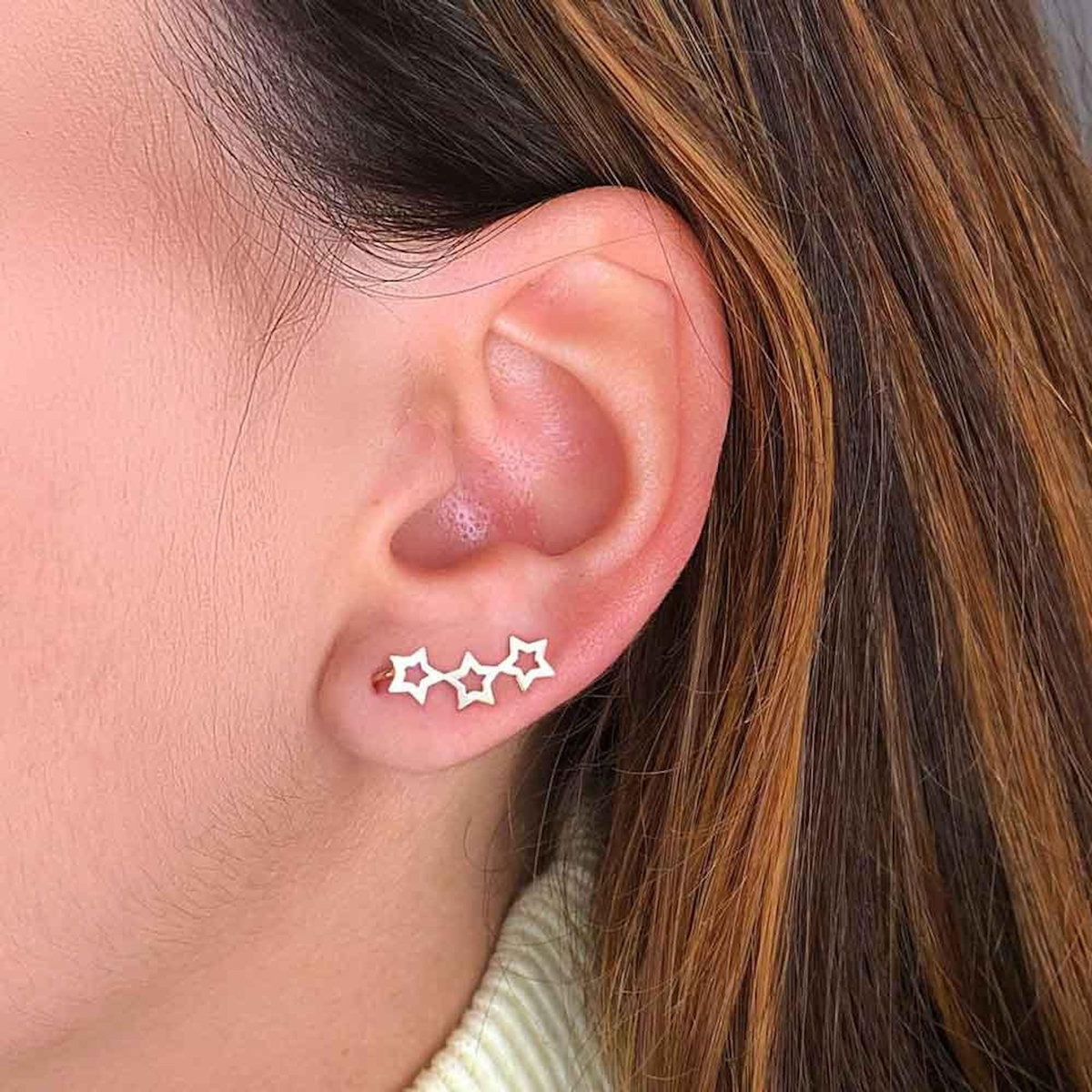 L'ATELIER D'AZUR Boucles d'Oreilles Or 18 Carats 750 Jaune - Contours Grimpeurs - Etoiles