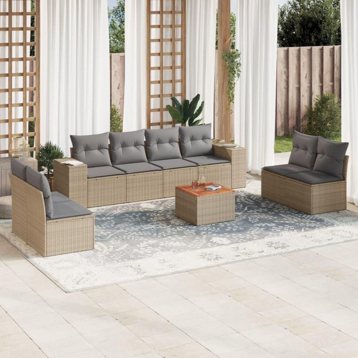 VIDAXL Salon de jardin avec coussins 9 pcs beige resine tressee