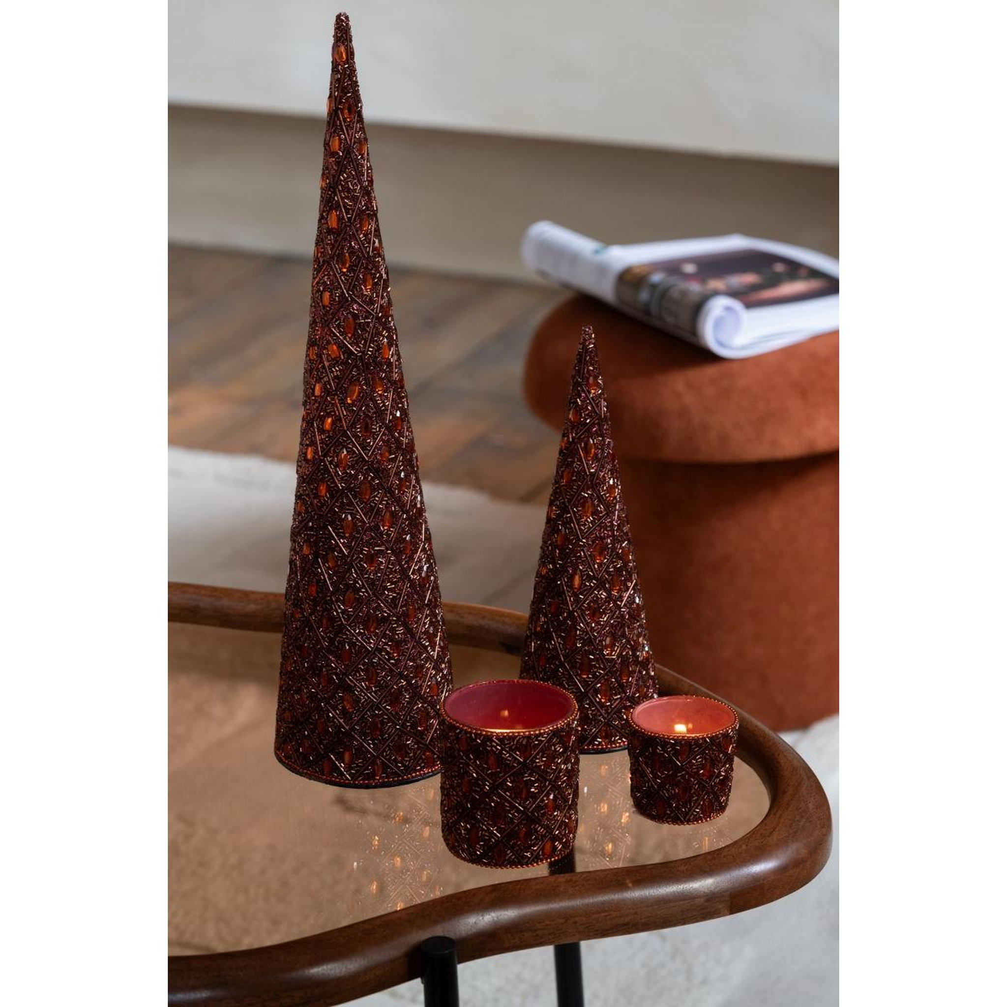 Voir la diapositive 4 : J-LINE Lot de 3 cônes déco  perles  45cm rouille