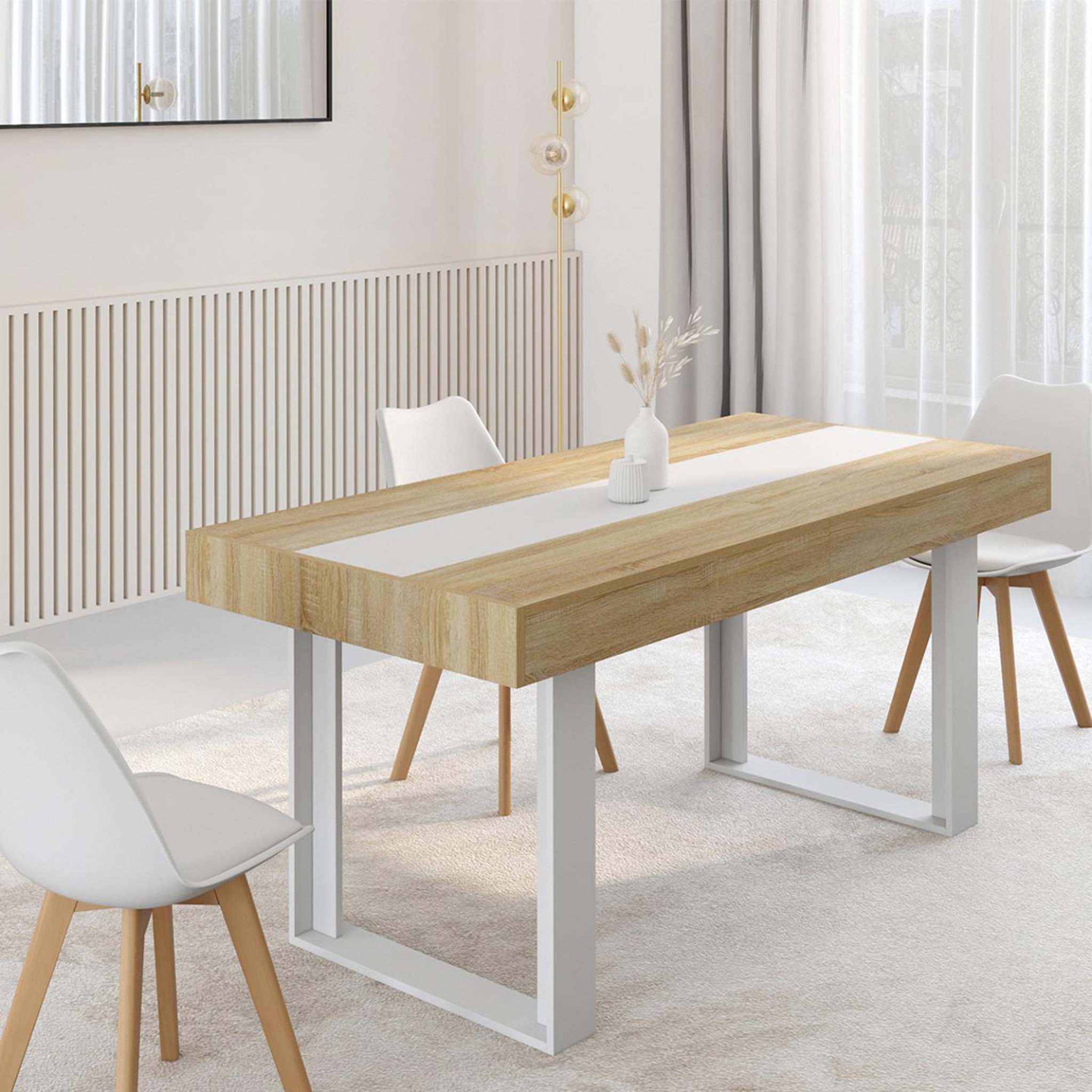 Voir la diapositive 4 : ID MARKET Table à manger extensible rectangle phoenix 4-8 personnes bois et blanc bande centrale blanche 160-200 cm