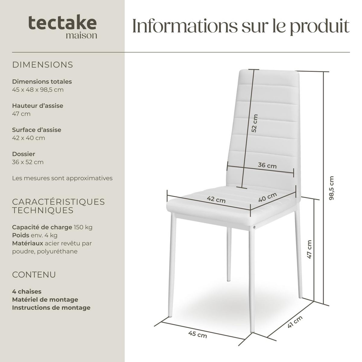 tectake Ensemble de chaises de salle à manger rembourrées avec revêtement aspect cuir blanc Lot de 4