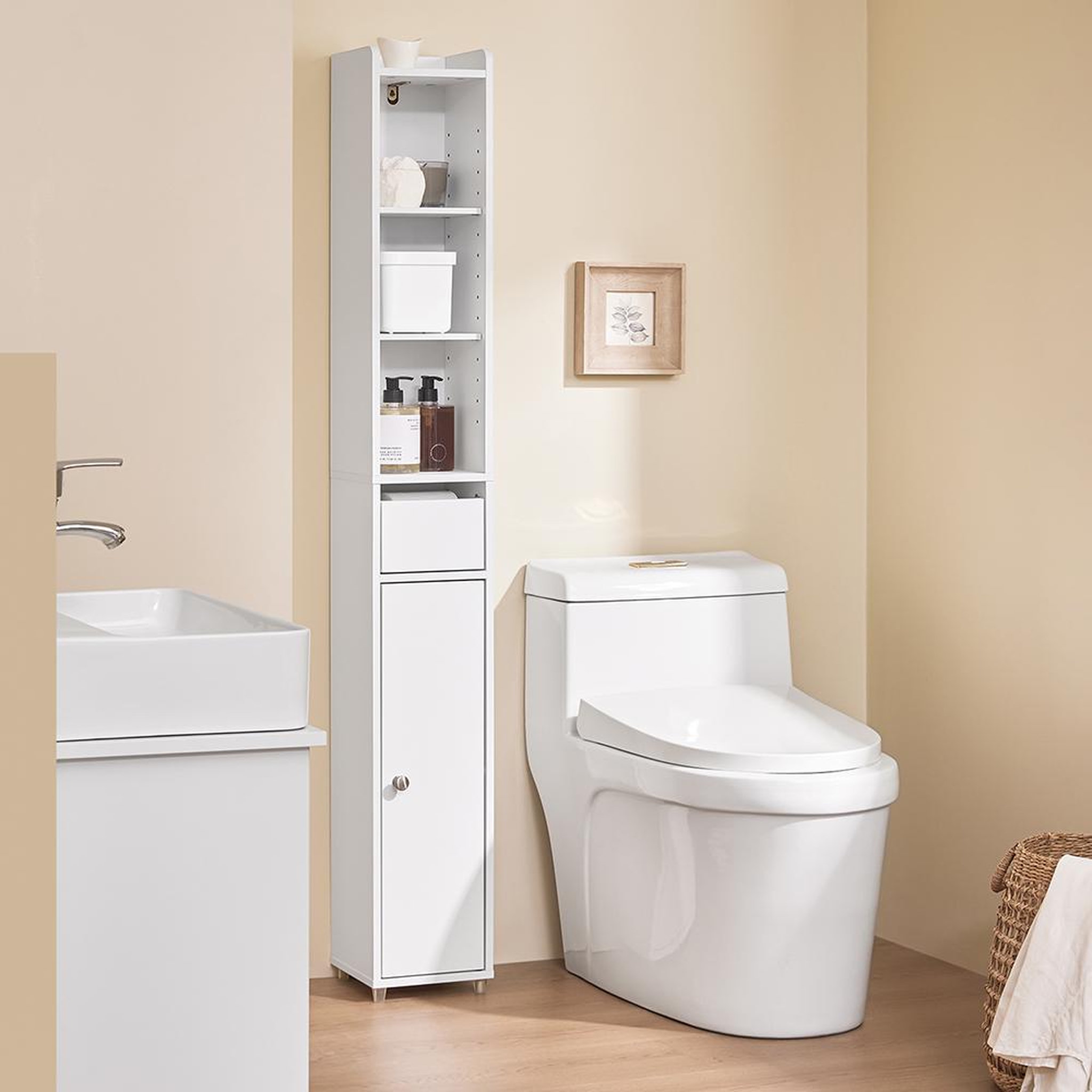 Voir la diapositive 4 : SOBUY SoBuy - Colonne De Salle De Bain à un tiroir - Blanc - 20x17x145cm - Minimaliste - BZR34-K-W