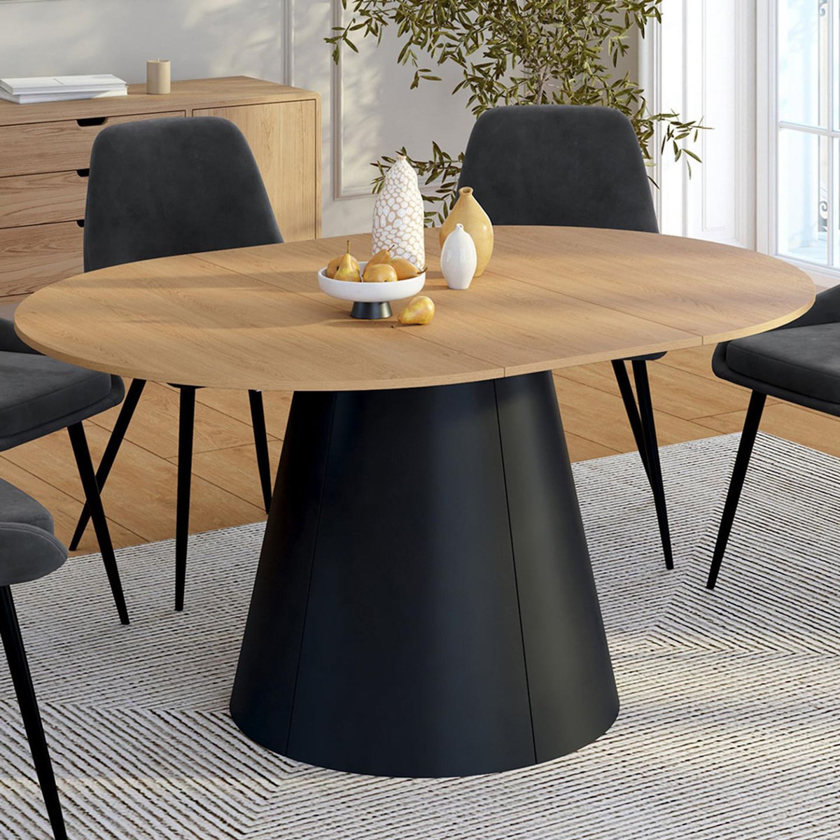 ID MARKET Table à manger ronde extensible ANGELE 4-8 personnes bois effet hêtre et pied noir 110-150 cm