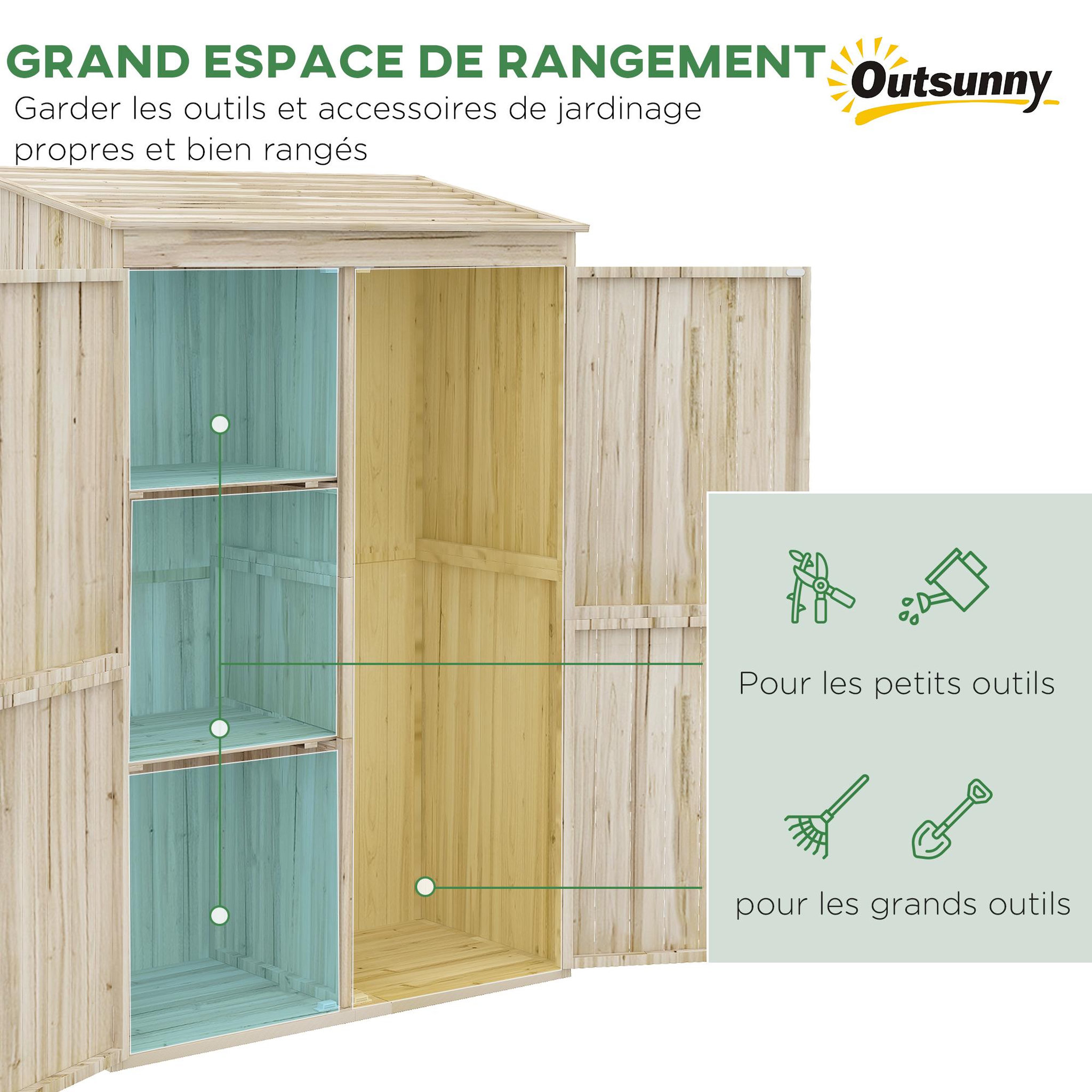 Voir la diapositive 4 : OUTSUNNY Armoire de jardin 2 portes bois - 2 étagères, grand compartiment - 120 x 57 x 183 cm - sapin pré-huilé