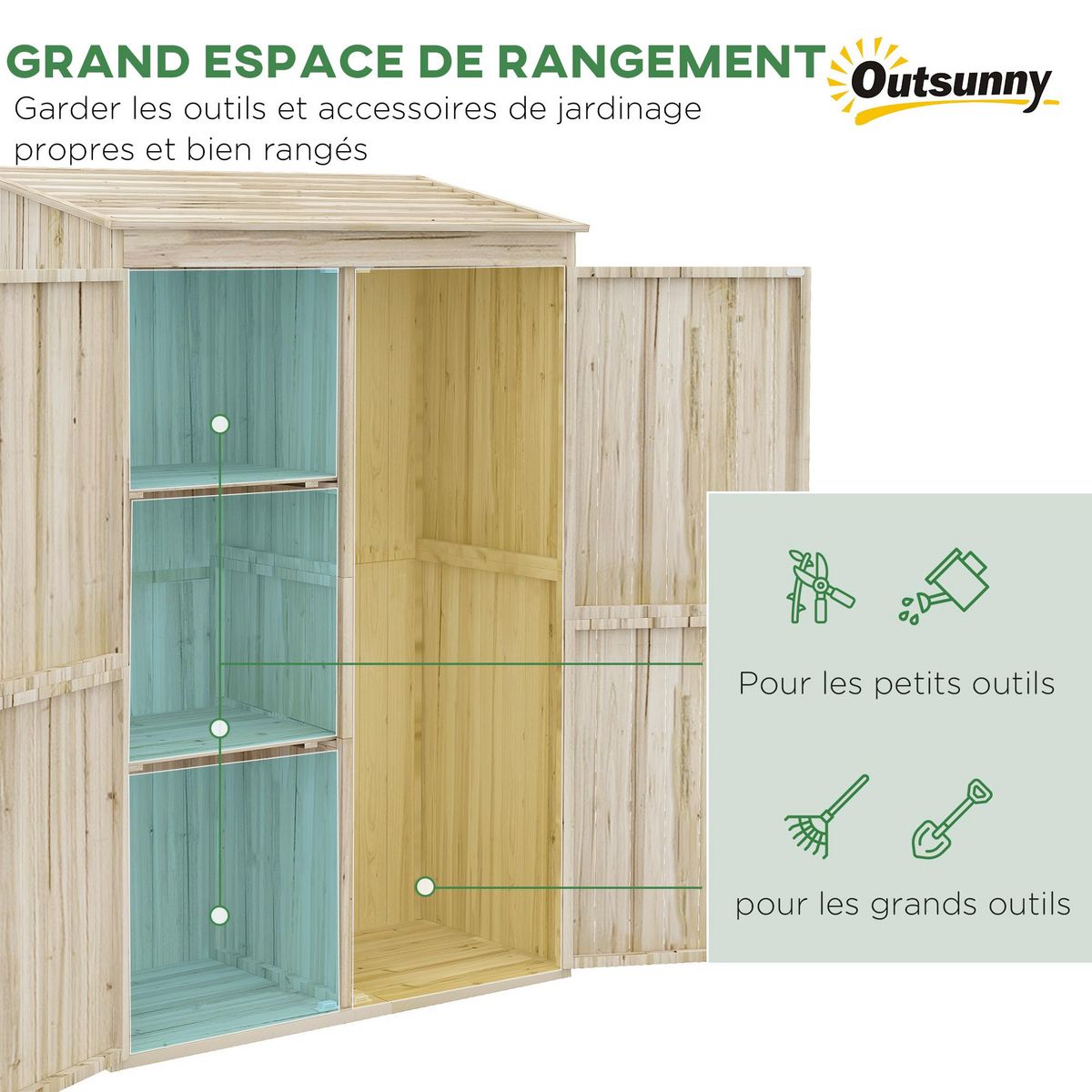 OUTSUNNY Armoire de jardin 2 portes bois - 2 étagères, grand compartiment - 120 x 57 x 183 cm - sapin pré-huilé