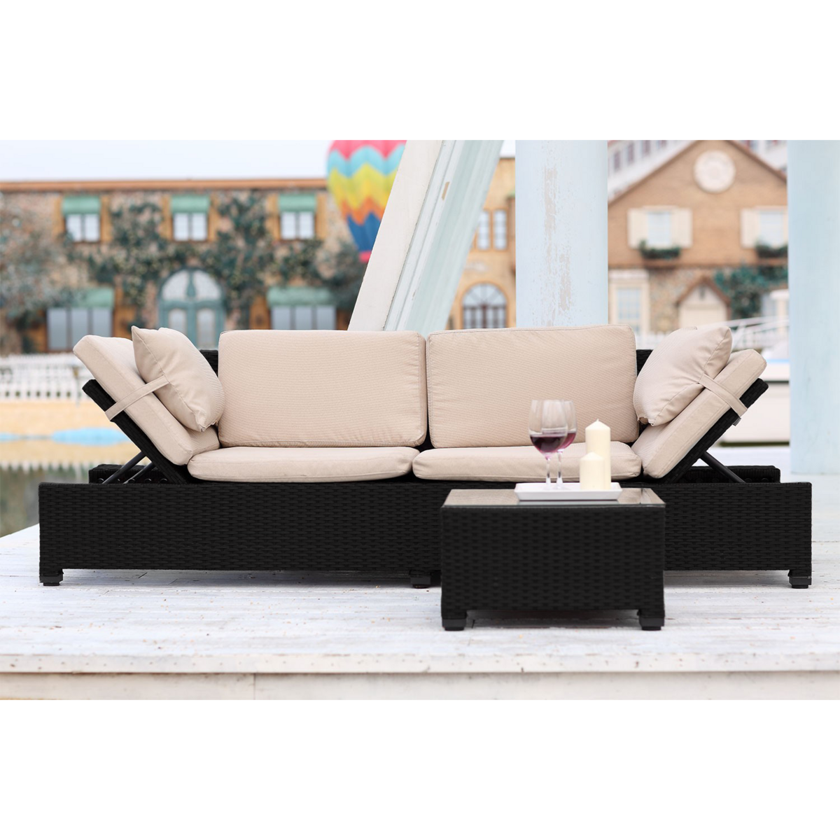 CONCEPT USINE Salon de jardin en résine tressée écru et noir CORFOU