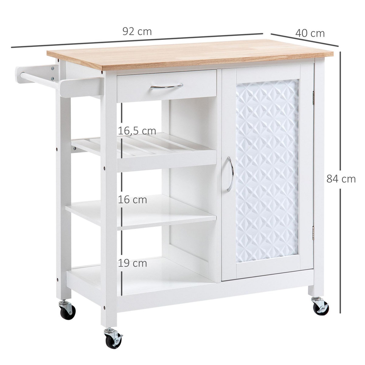 HOMCOM Desserte de cuisine style contemporain - porte, tiroir, 3 étagères - poignées métal MDF blanc plateau bois pin