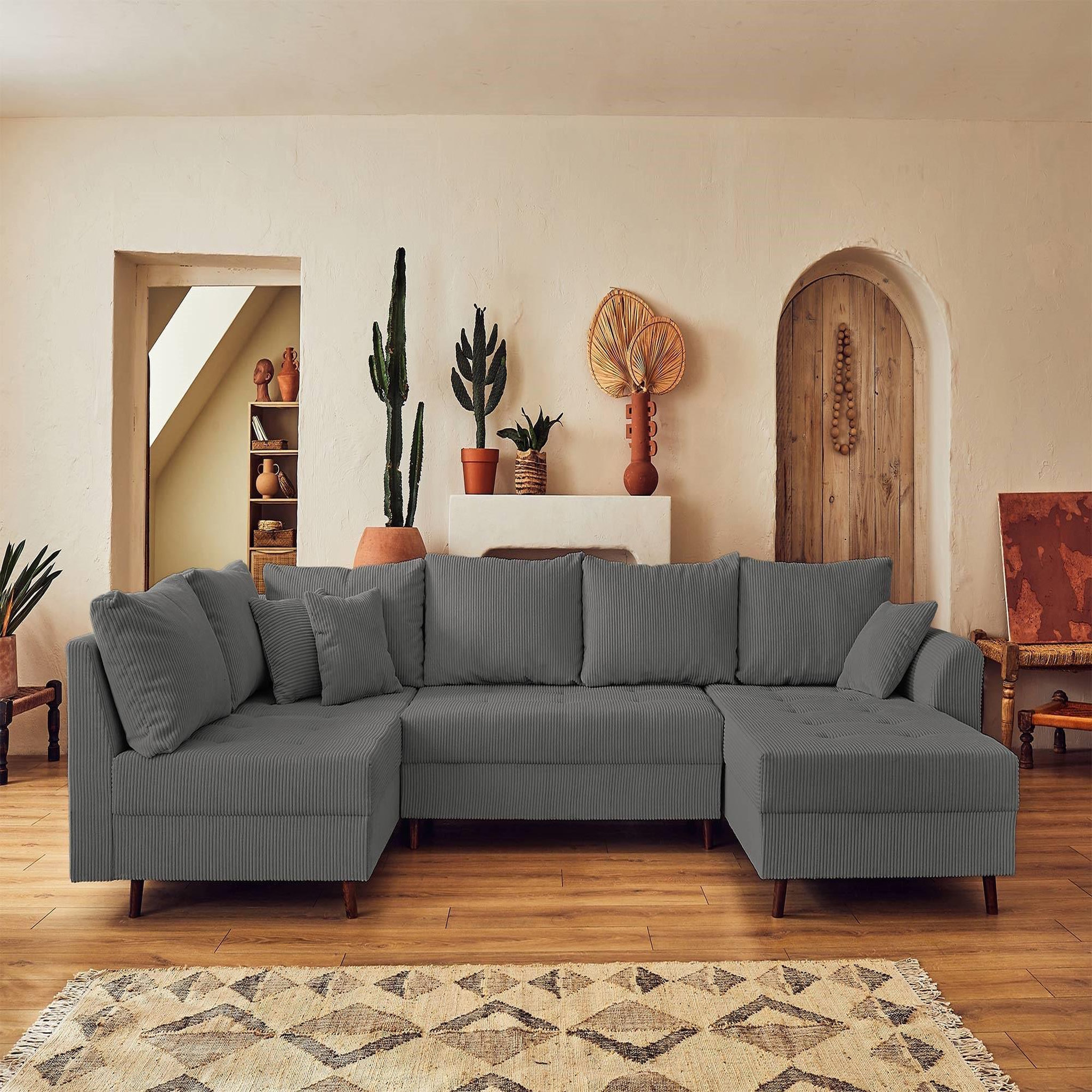 Voir la diapositive 5 : BEST MOBILIER Rune - canapé panoramique d'angle gauche - 7 places - avec pouf d'appoint - en velours côtelé