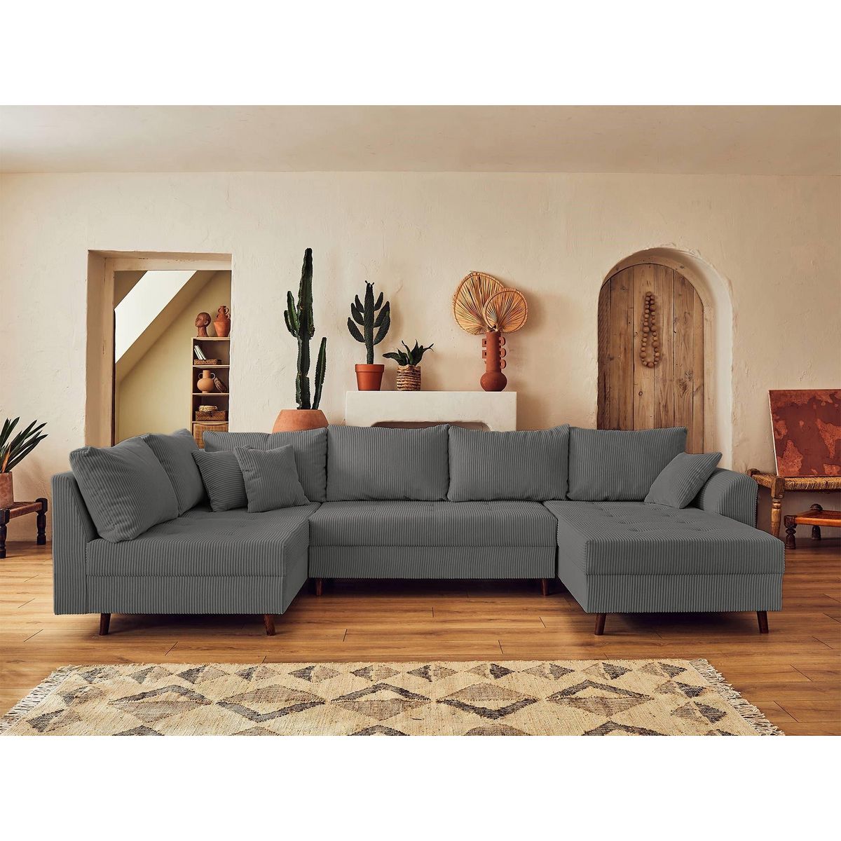 LISA DESIGN Rune - canapé panoramique d'angle gauche - 7 places - avec pouf d'appoint - en velours côtelé