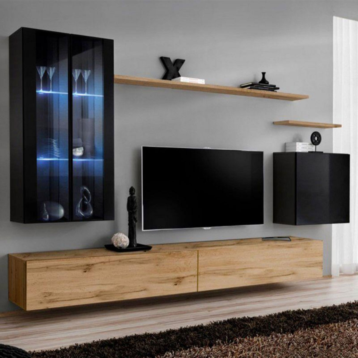 Paris Prix Meuble TV Mural Design  Switch XII  270cm Noir & Naturel