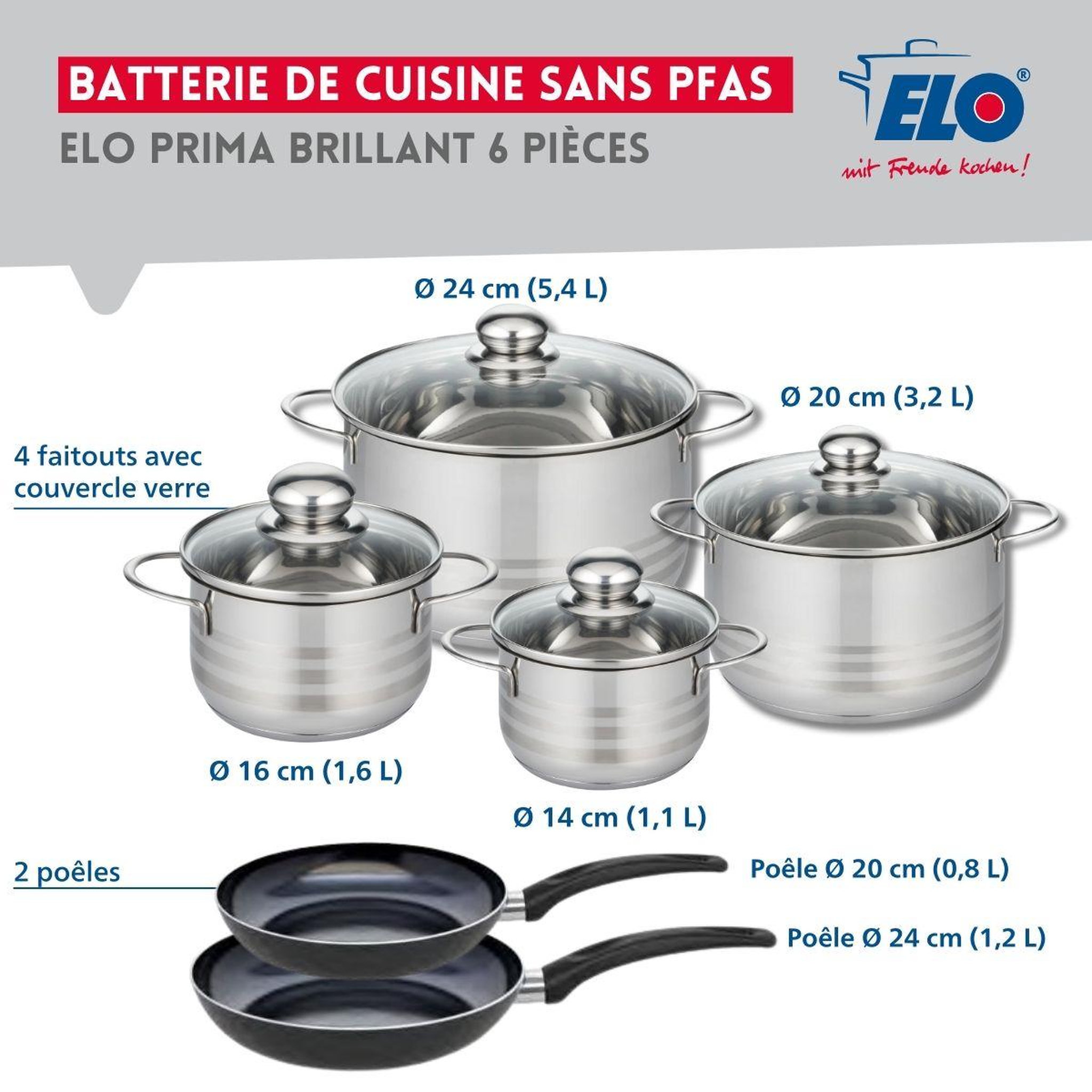Voir la diapositive 2 : ELO Ensemble de 2 poêles de cuisson 20 et 24 cm et 4 faitouts 14, 16, 20 et 24 cm elo prima brillant