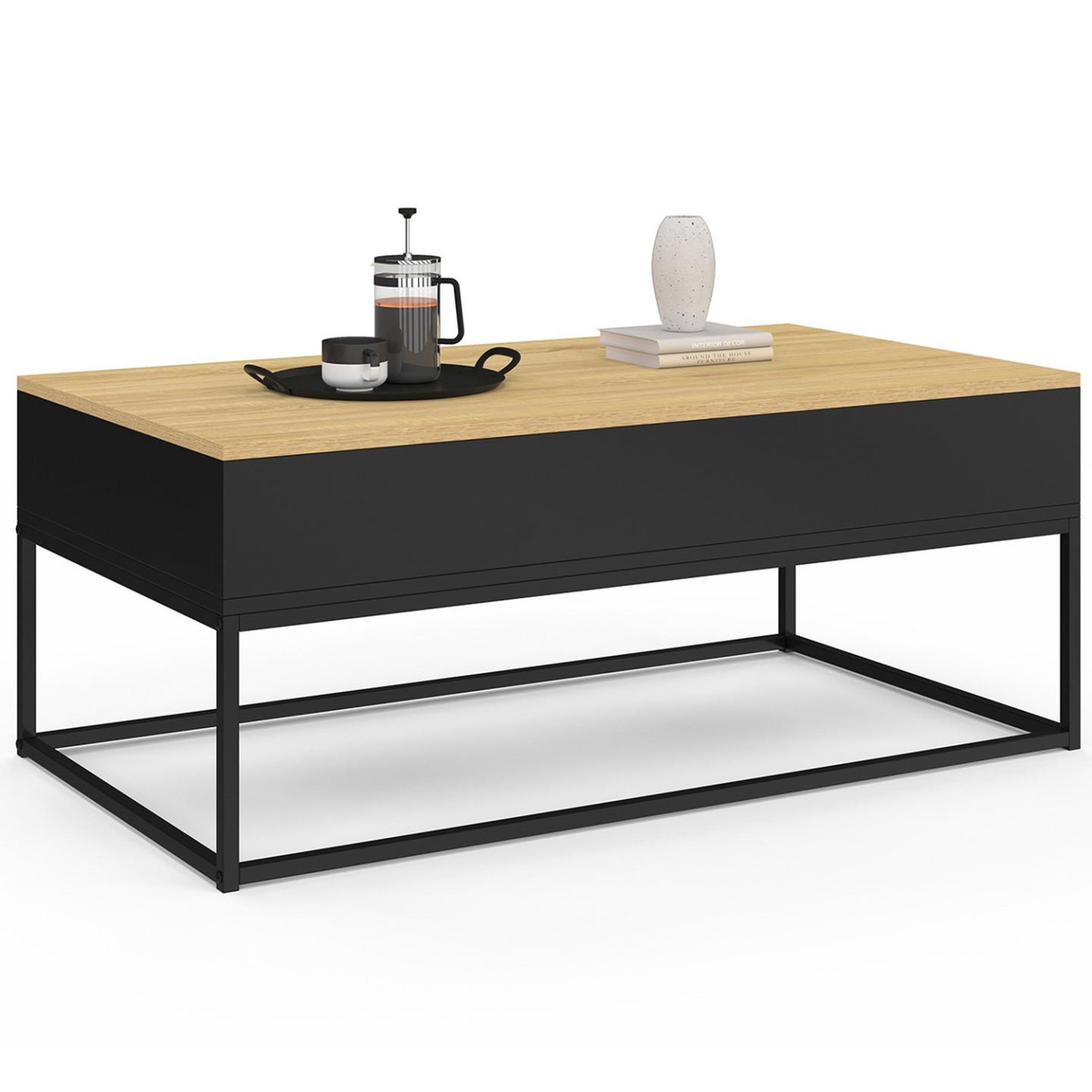 Voir la diapositive 4 : ID MARKET Table basse plateau relevable rectangulaire boston 100 cm noir plateau bois design industriel