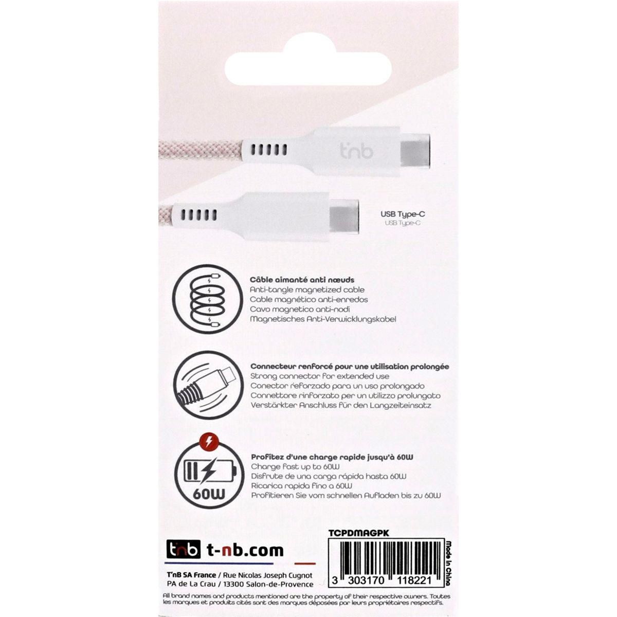TNB Câble de charge USB-C/USB-C 1.5m gaine aimantée rose
