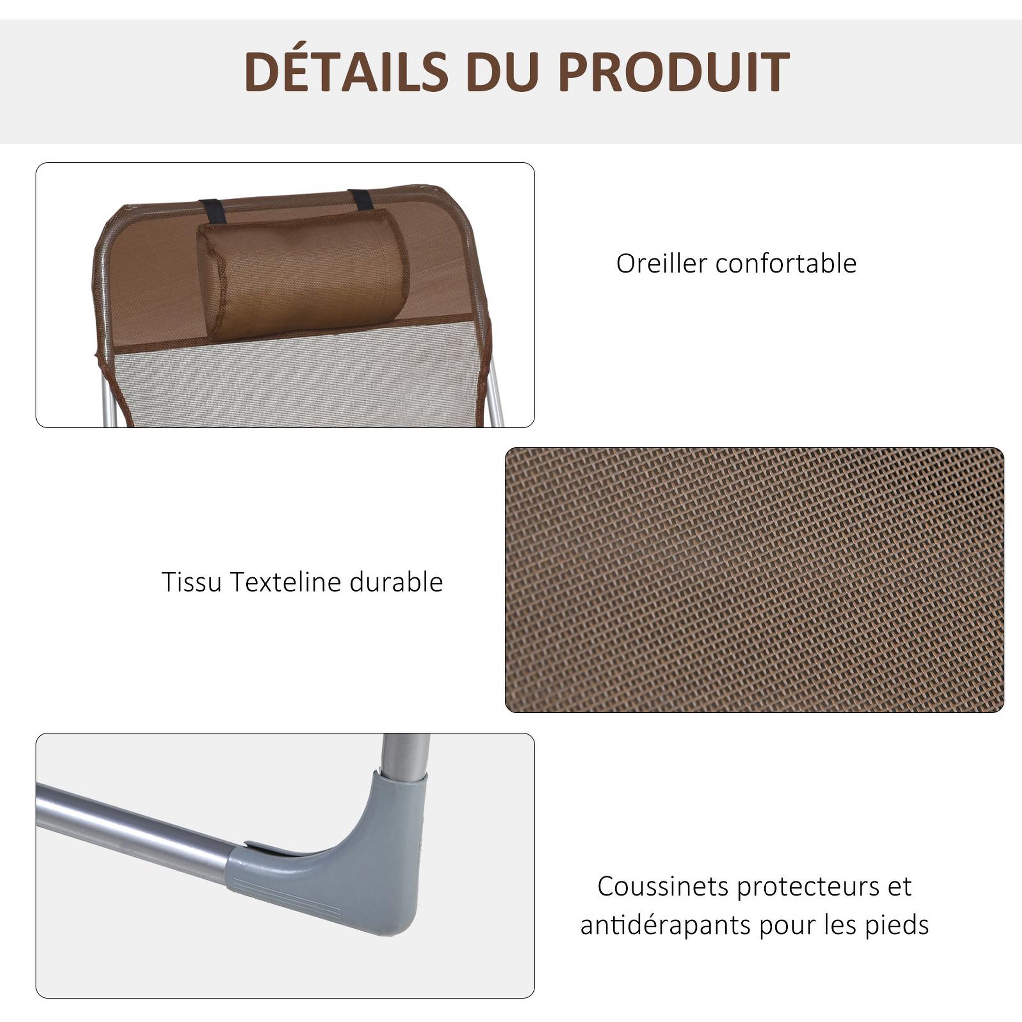 Voir la diapositive 5 : OUTSUNNY Bain de soleil transat pliable dossier réglable 5 positions acier teslin marron