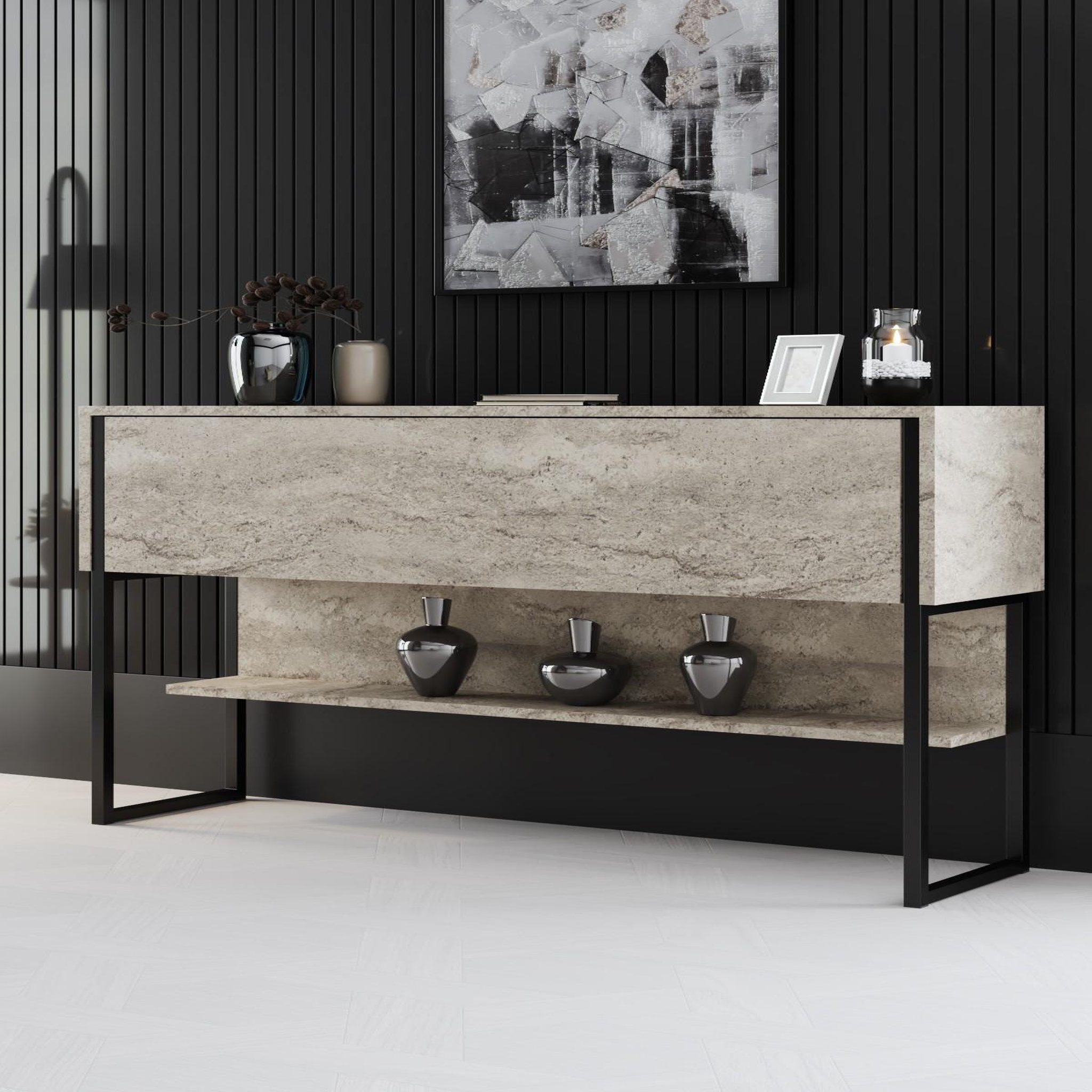 Voir la diapositive 2 : Habitat et Jardin Console en bois  luxe  - 120 x 30 x 80 cm - travertin noir