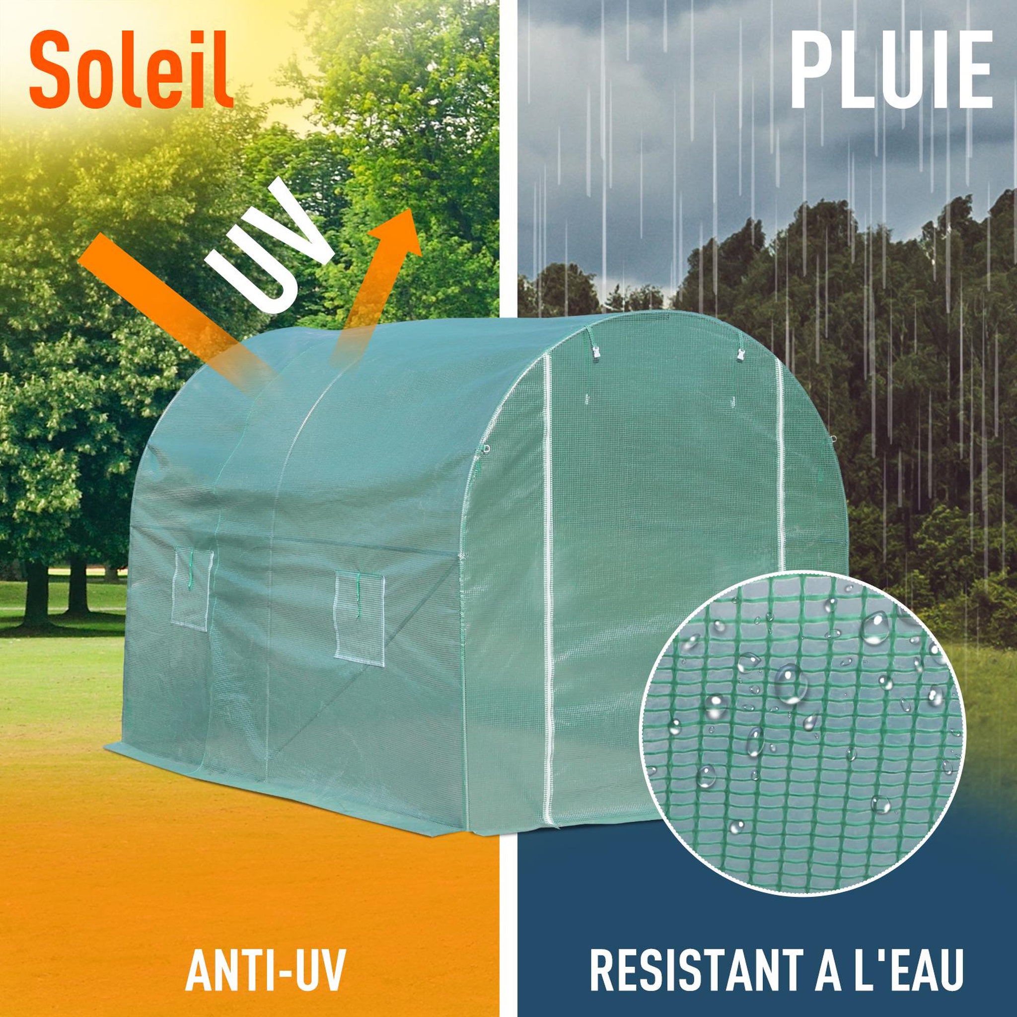 Voir la diapositive 5 : OUTSUNNY Serre de jardin tunnel surface sol 6 m² 3l x 2l x 2,10h m châssis tubulaire renforcé porte zippée 4 fenêtres enroulables vert