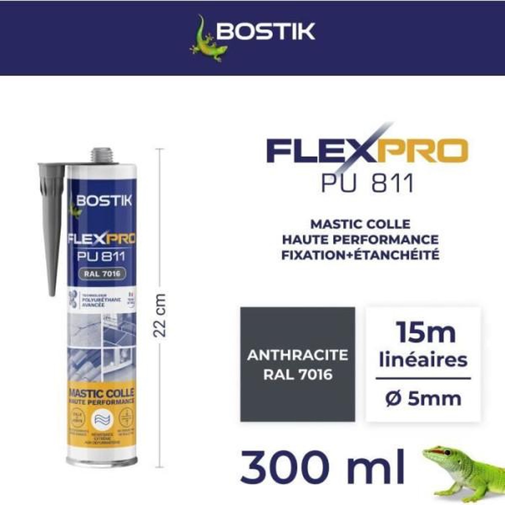 Voir la diapositive 2 : Bostik Mastic colle/joint - BOSTIK - Flexpro PU811 - Tous matériaux - Intérieur/extérieur - Anthracite RAL7016 - 300 ml