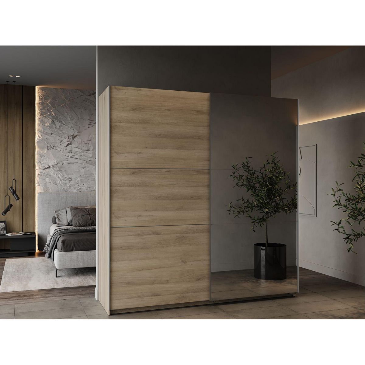 Armoire 2 portes coulissantes 1 miroir L200 cm THIBAULT