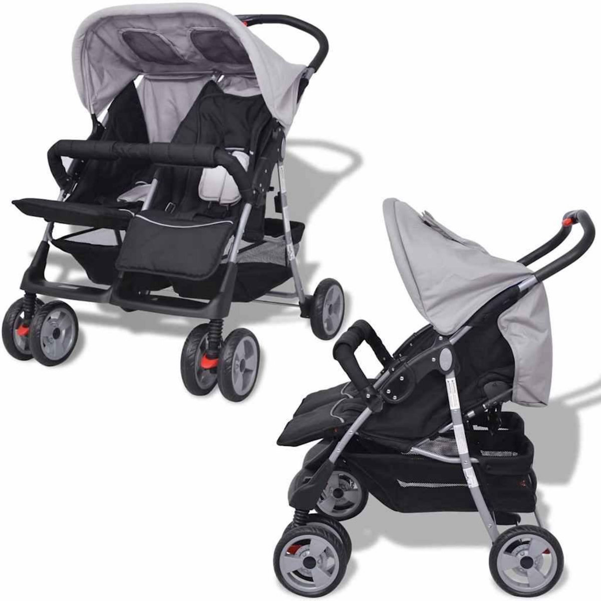 VIDAXL Poussette a deux places Acier Gris et noir