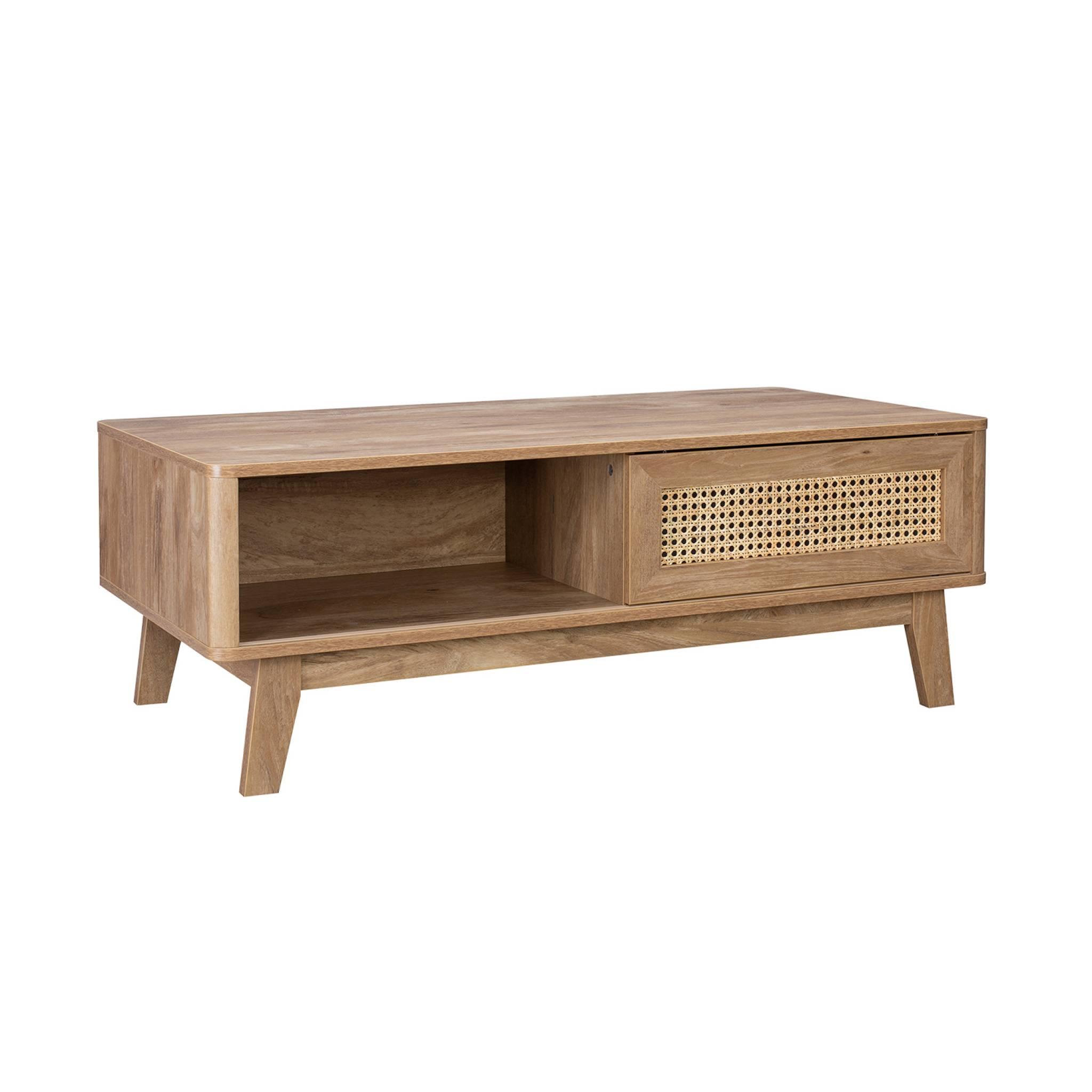 Voir la diapositive 1 : SWEEEK Table basse avec 2 niches. 1 porte coulissante. effet bois et cannage. pieds eucalyptus