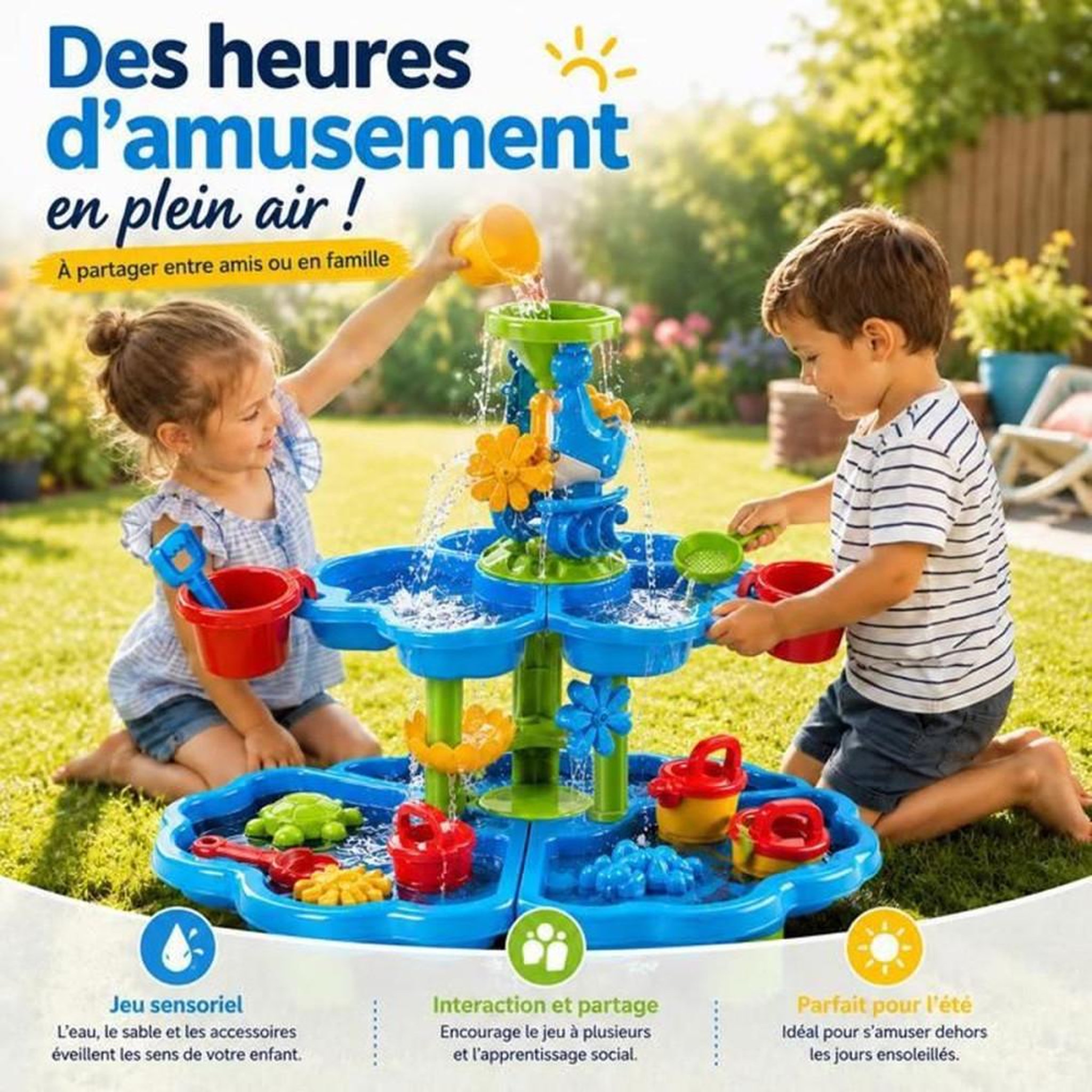 Voir la diapositive 3 : Table de jeux sable et eau à 2 niveaux avec accessoires 18 pcs, pour enfants 3+