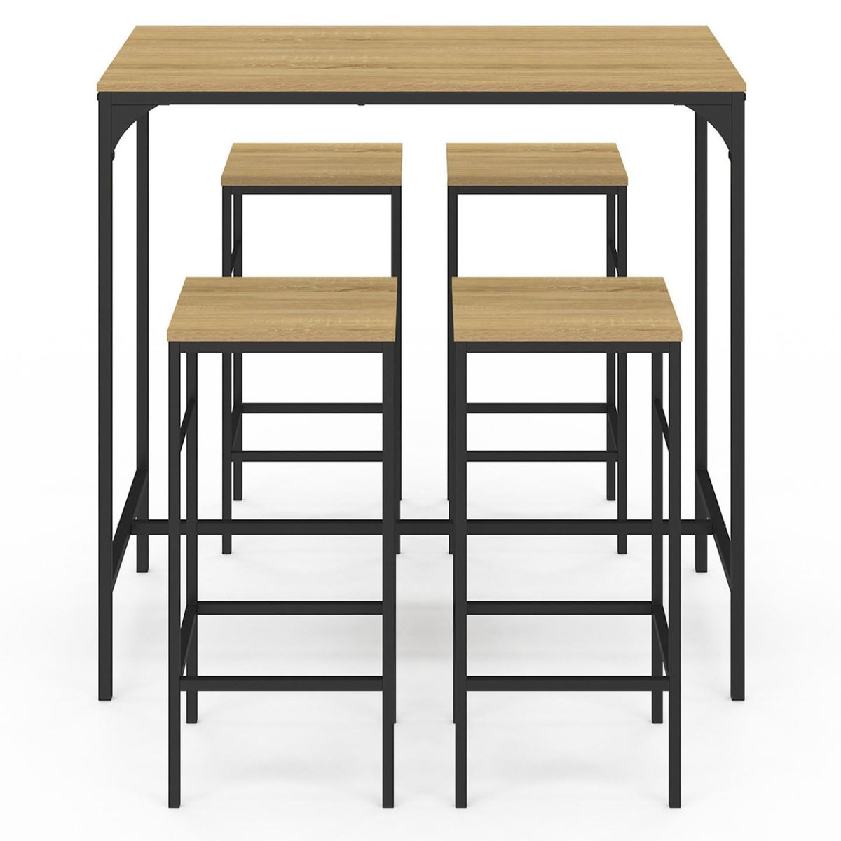 ID MARKET Ensemble table haute de bar DETROIT 100 cm et 4 tabourets bois et métal noir design industriel